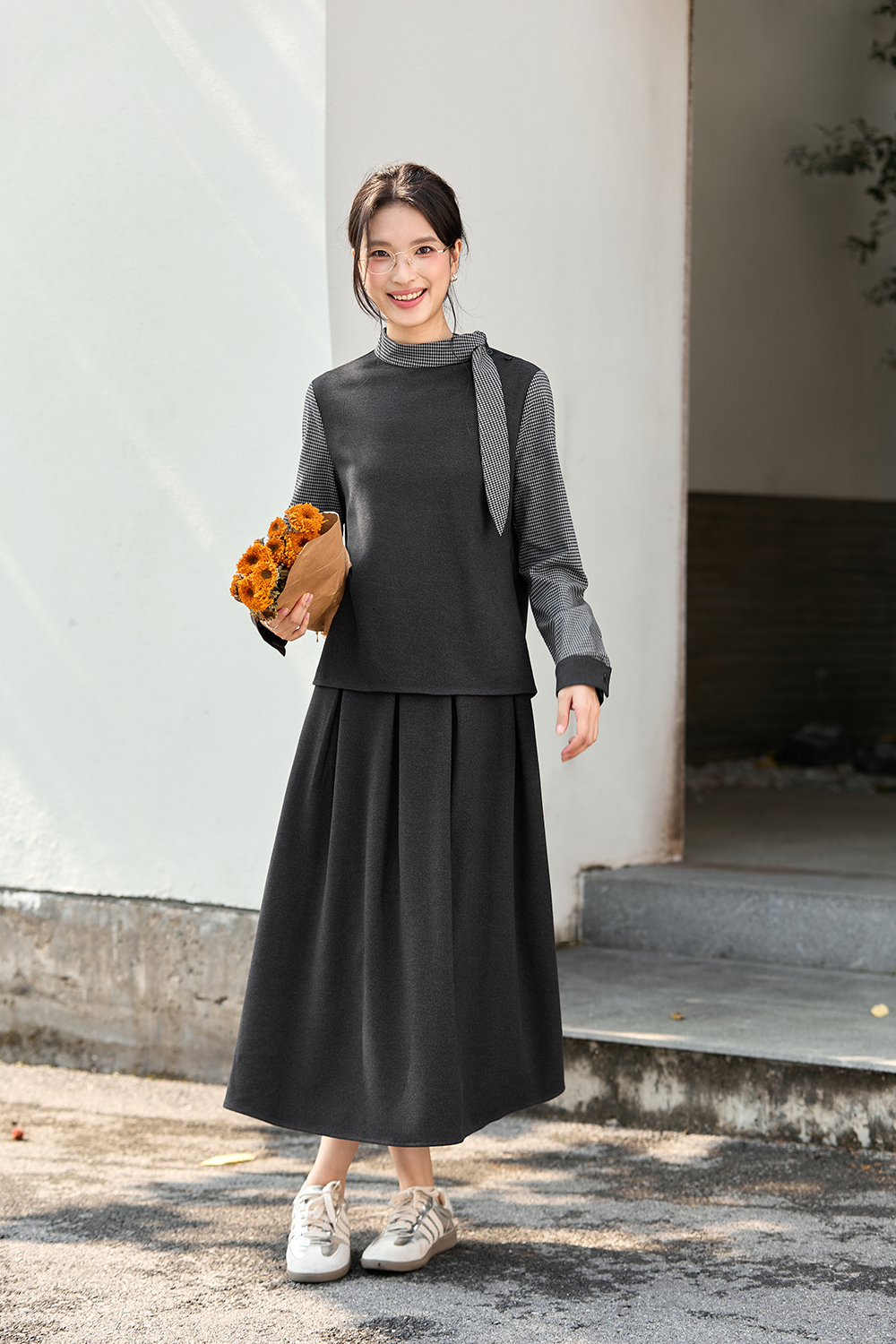 Stand Collar Top & Flowy Maxi Skirt Set-VIMLYSTORE