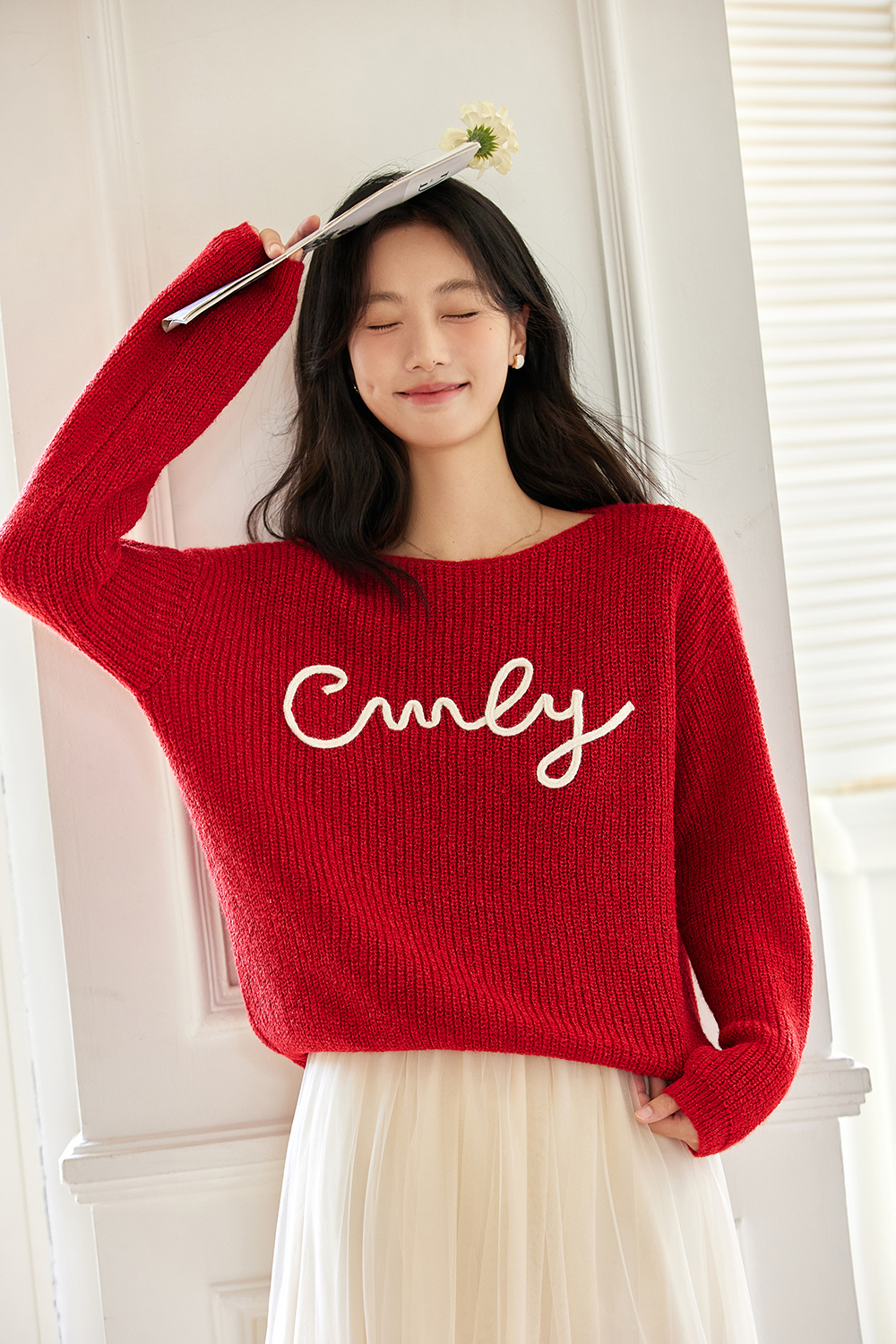 Letter Embroidered Round Neck Knit Sweater Loose Sweater-VIMLYSTORE