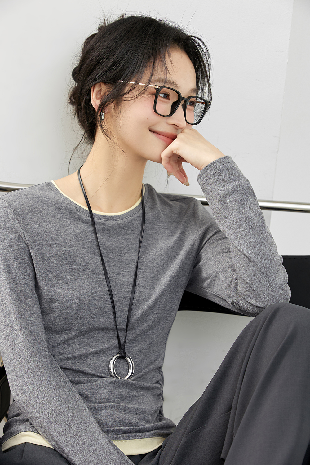 Fake Two-Piece Waist-Tying Long Sleeve T-Shirt-VIMLYSTORE