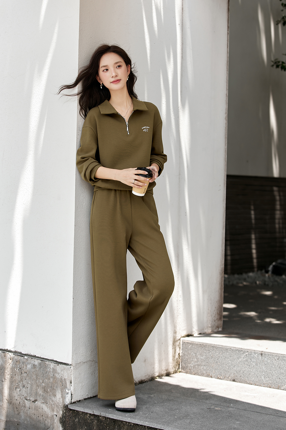 Little Elephant Embroidered Lapel Sweatshirt Wide-Leg Pants Set-VIMLYSTORE