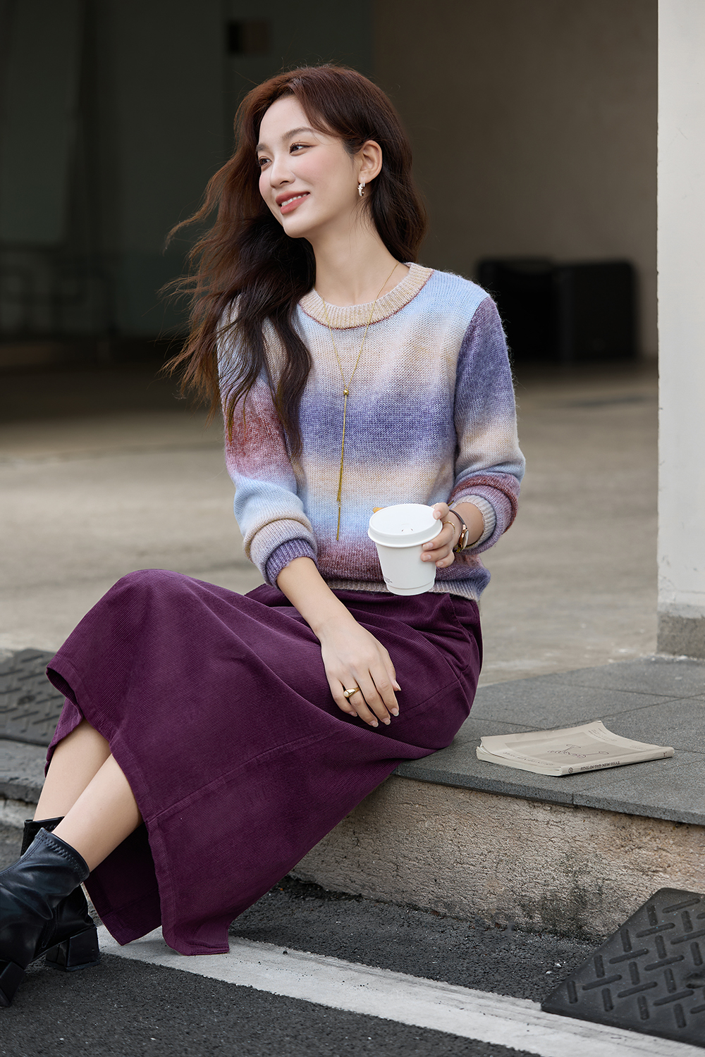 Gradient Color Round Neck Sweater Skirt Set-VIMLYSTORE