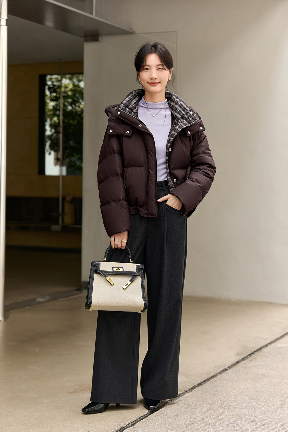 Patchwork Plaid Stand Collar Warm Short Hooded Down Jacket-VIMLYSTORE