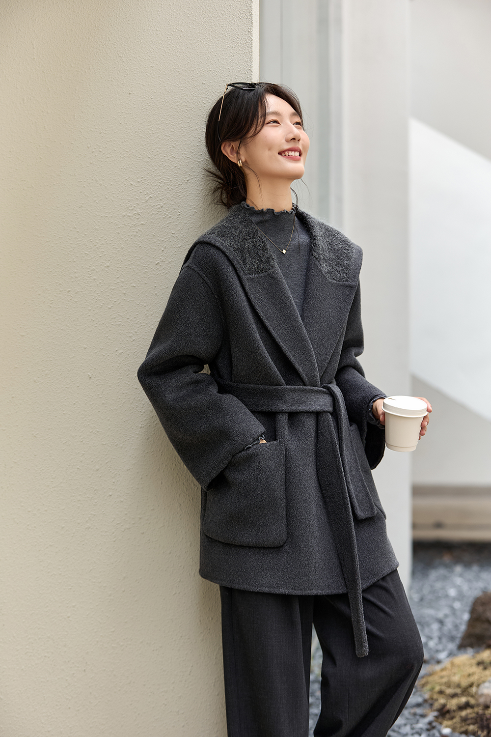 Sailor Collar Double-Faced Wool Loose Tie Wool Coat-VIMLYSTORE