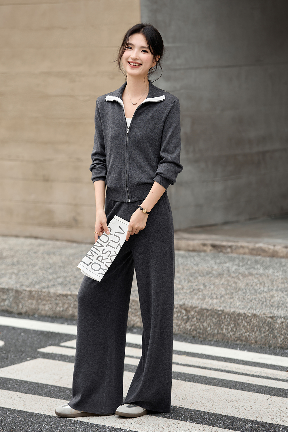 Color Block Zipper Lapel Knit Set-VIMLYSTORE