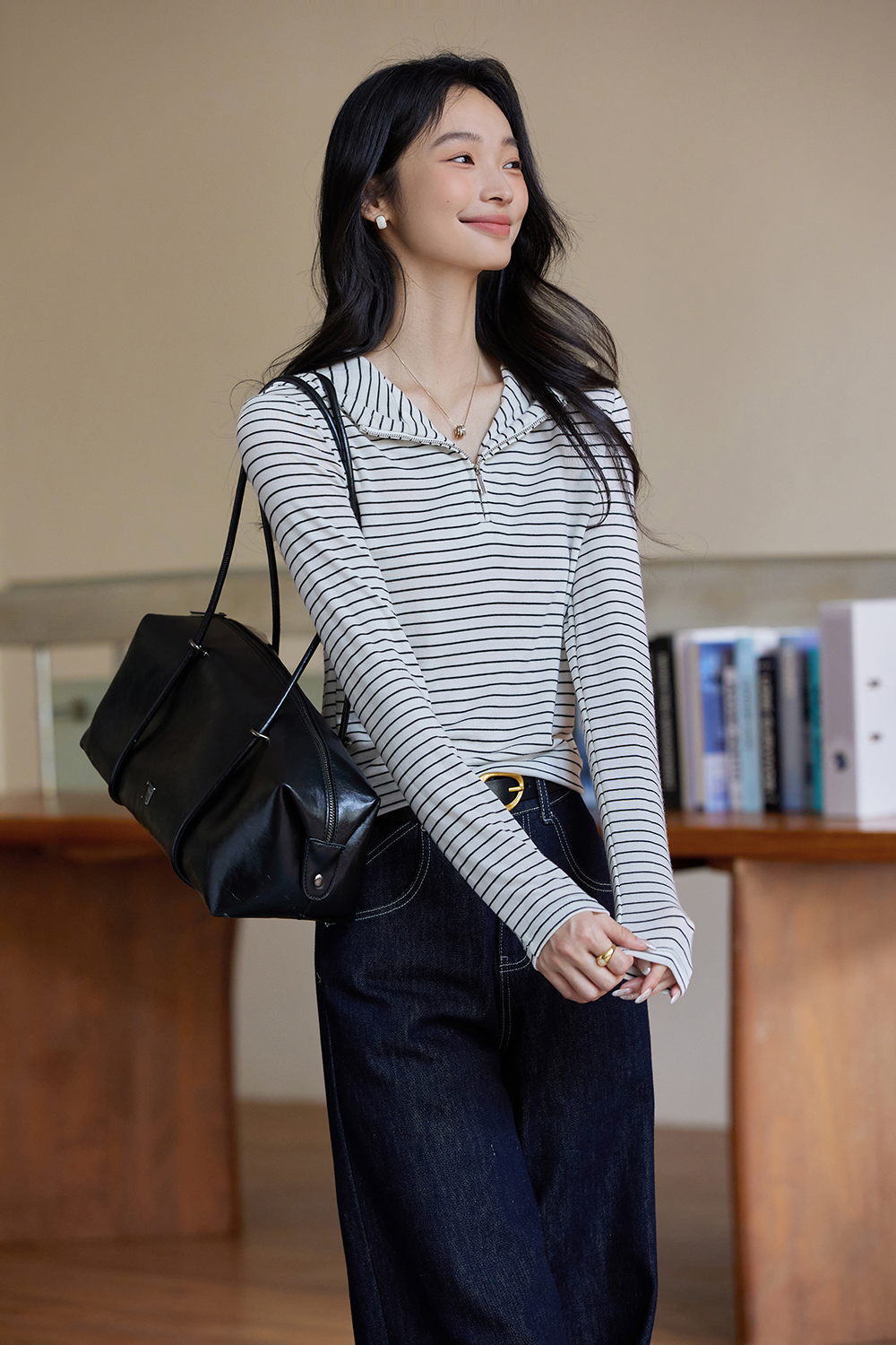 Striped Long Sleeve Hooded Slimming Zipper T-Shirt-VIMLYSTORE