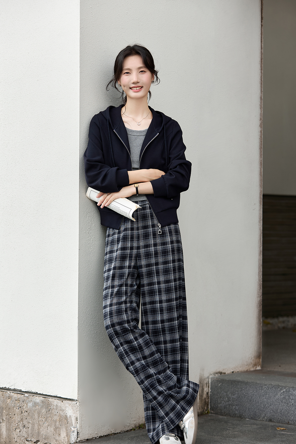 Hooded Zipper Jacket Plaid Pants Set-VIMLYSTORE