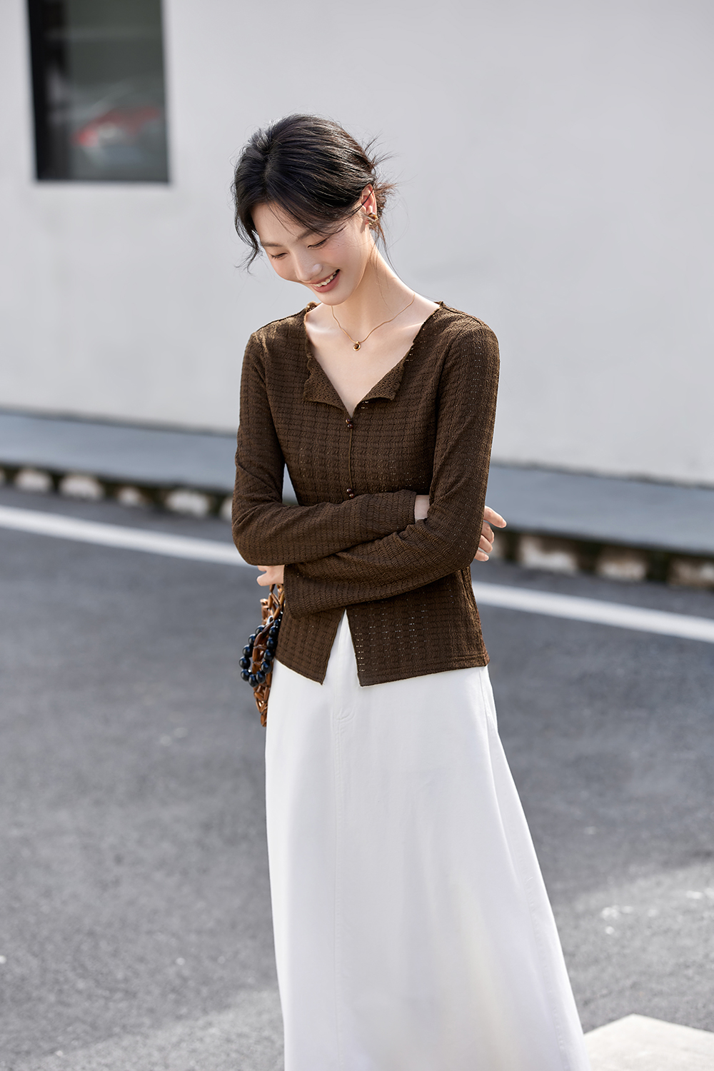 Textured Wrinkle Slim-Fit Slimming V-Neck Long Sleeve T-Shirt-VIMLYSTORE