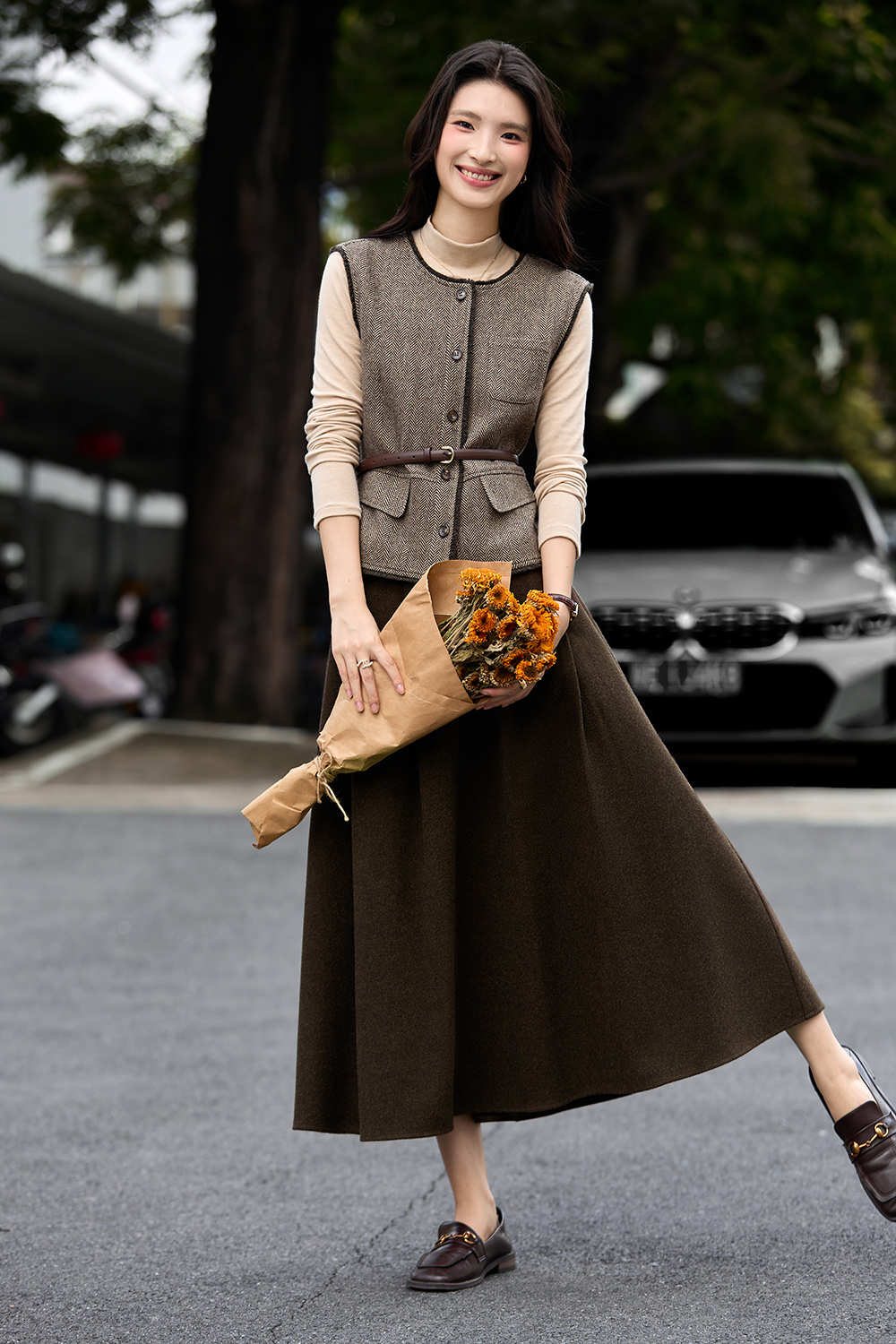 Round Neck Vest A-Line Long Skirt Set-VIMLYSTORE