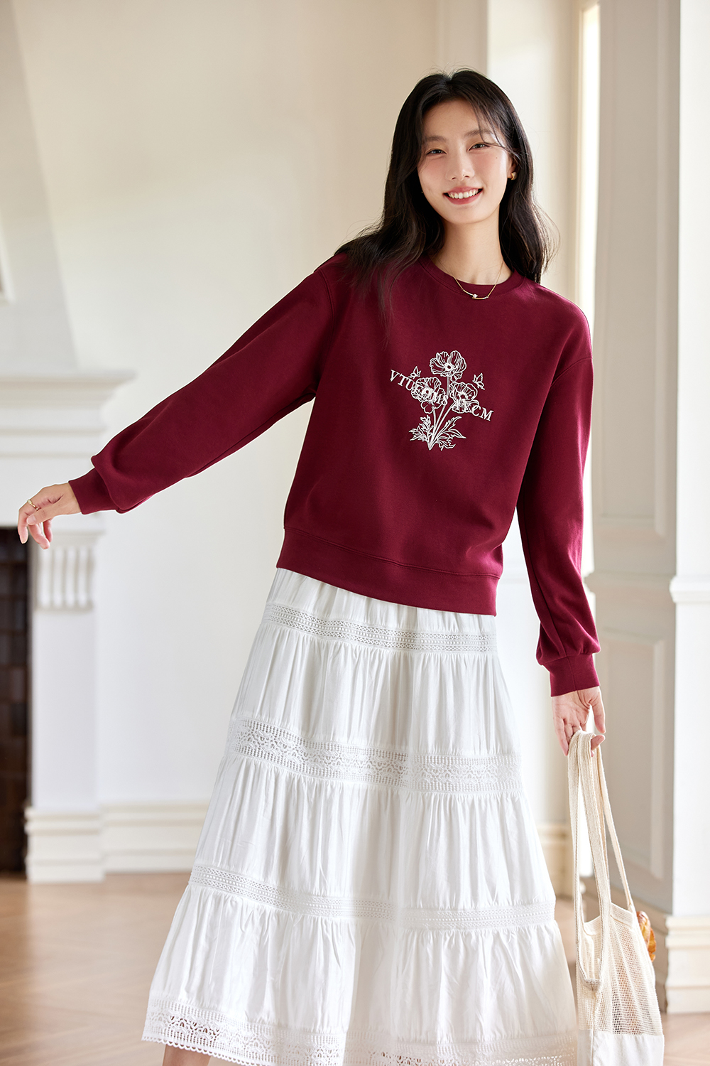 Flower print red round neck Sweatshirt-VIMLYSTORE