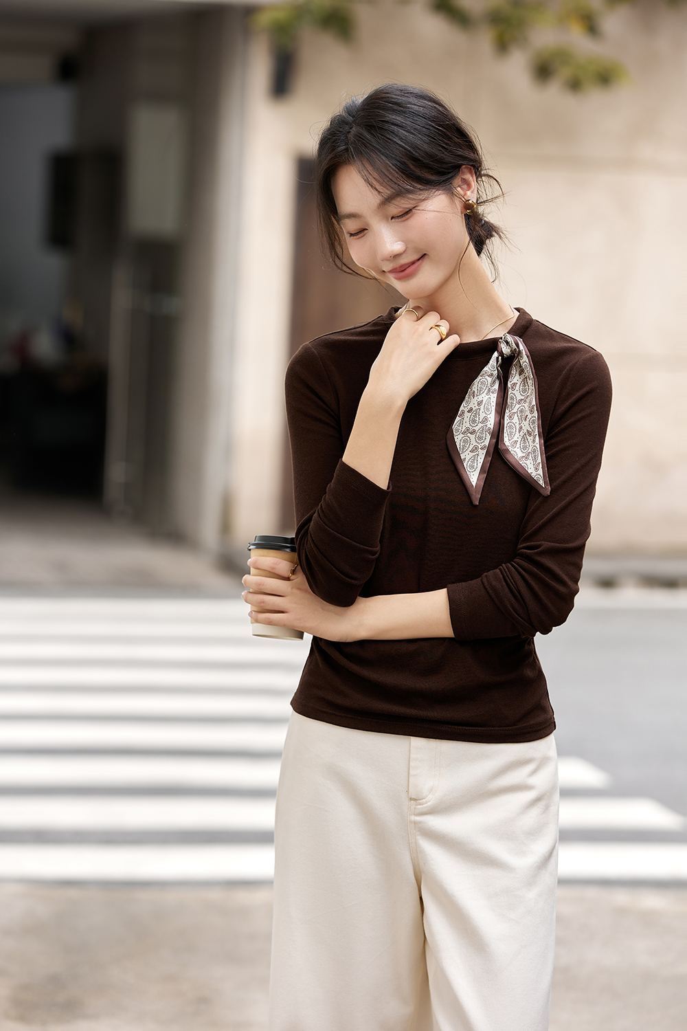 Scarf Decoration Round Neck Long Sleeve Knit T-Shirt-VIMLYSTORE