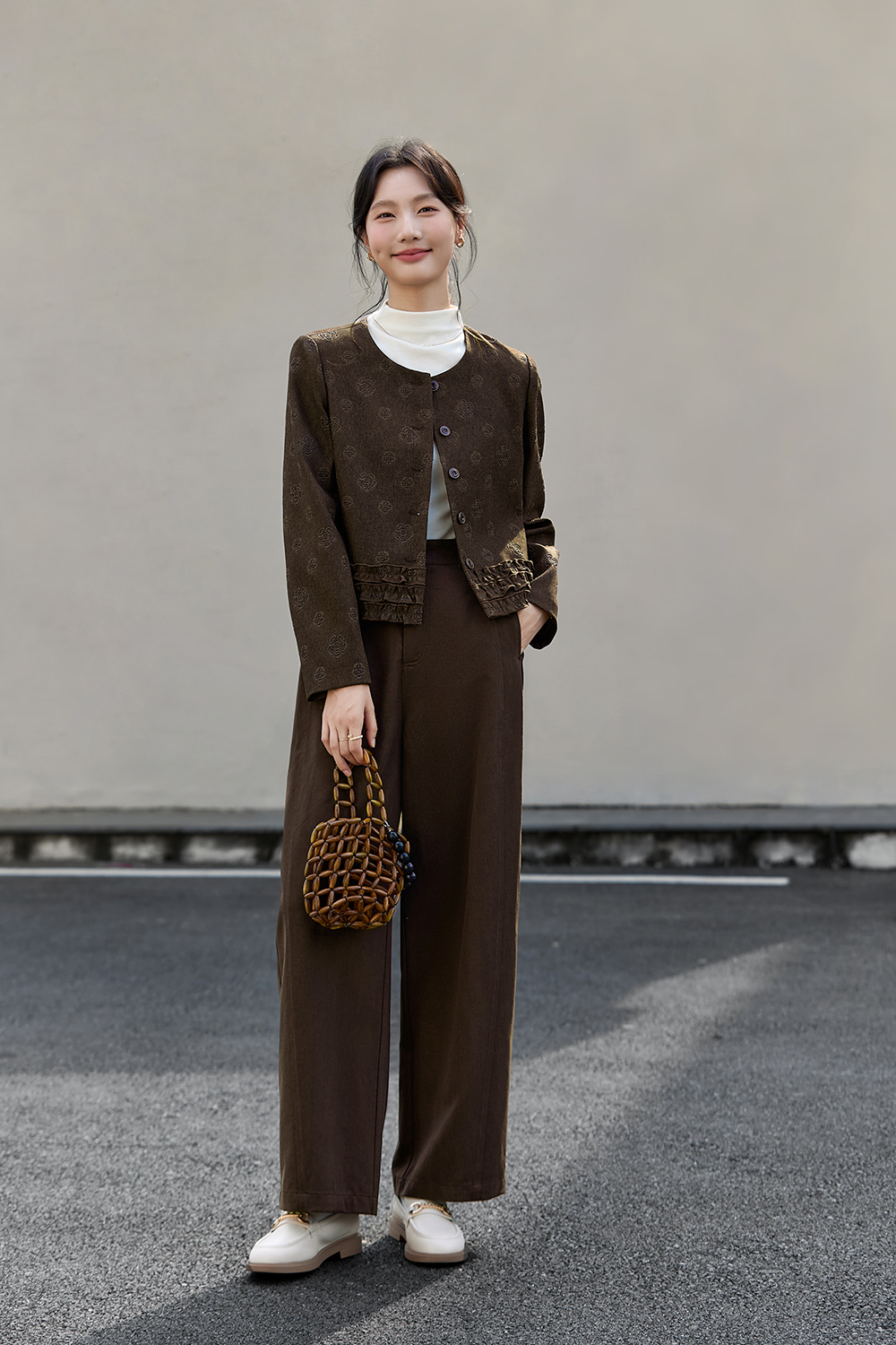 Vintage Shadow Pattern Jacquard Ruffle Collar Round Neck Short Jacket-VIMLYSTORE