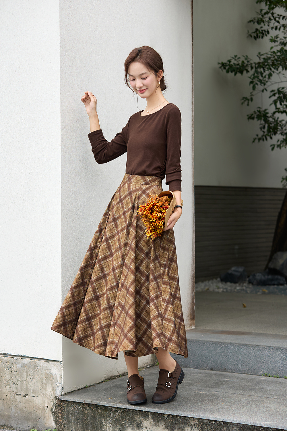 French Elegant Plaid Large Hem Midi Skirt-VIMLYSTORE