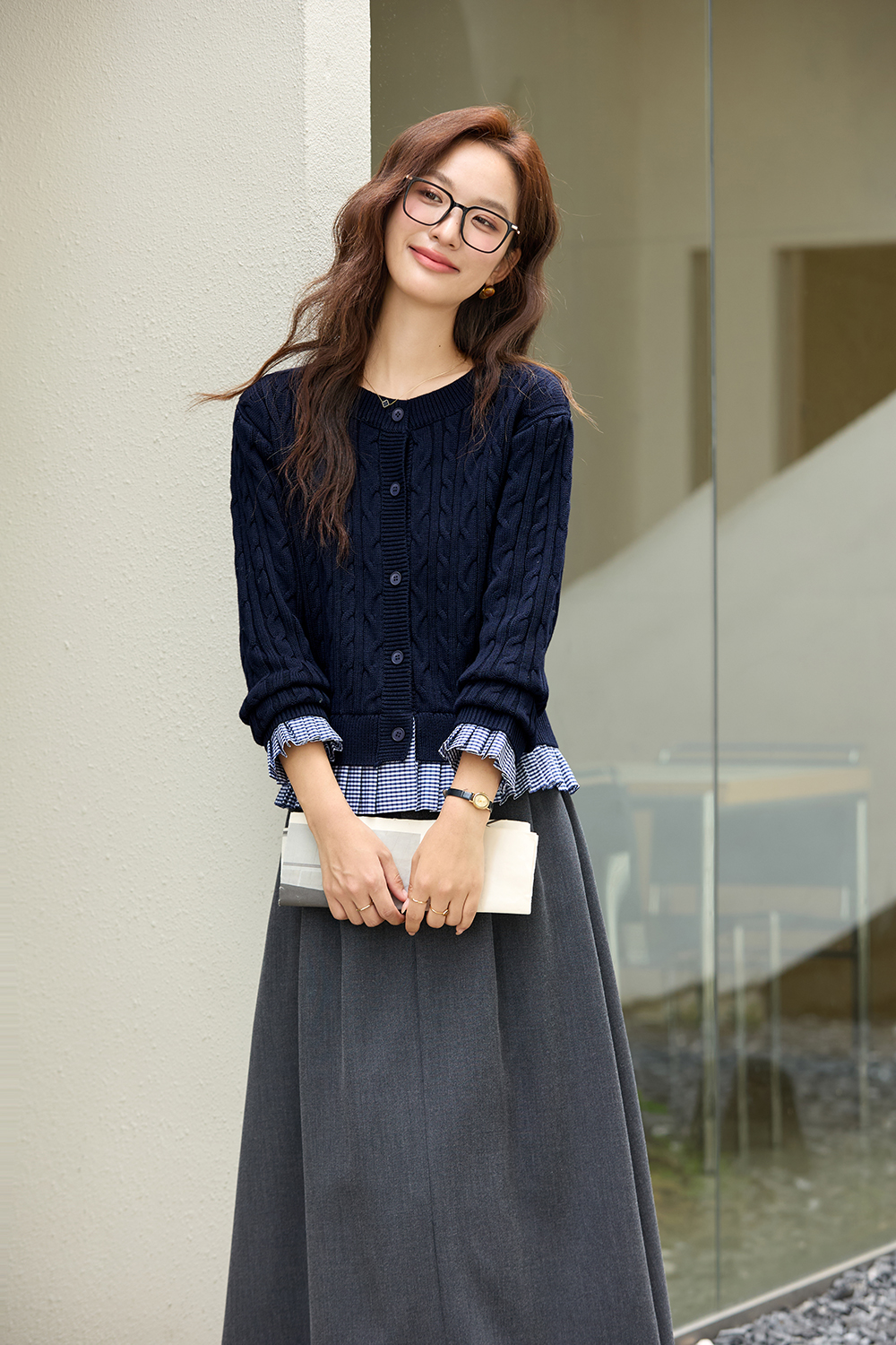 Plaid Patchwork Navy Cable-Knit Top-VIMLYSTORE