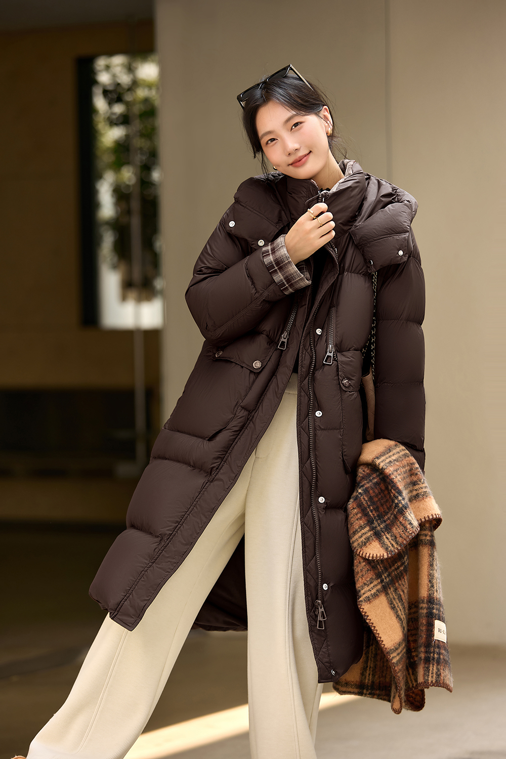 Brown Patchwork Plaid Hooded Down Jacket-VIMLYSTORE