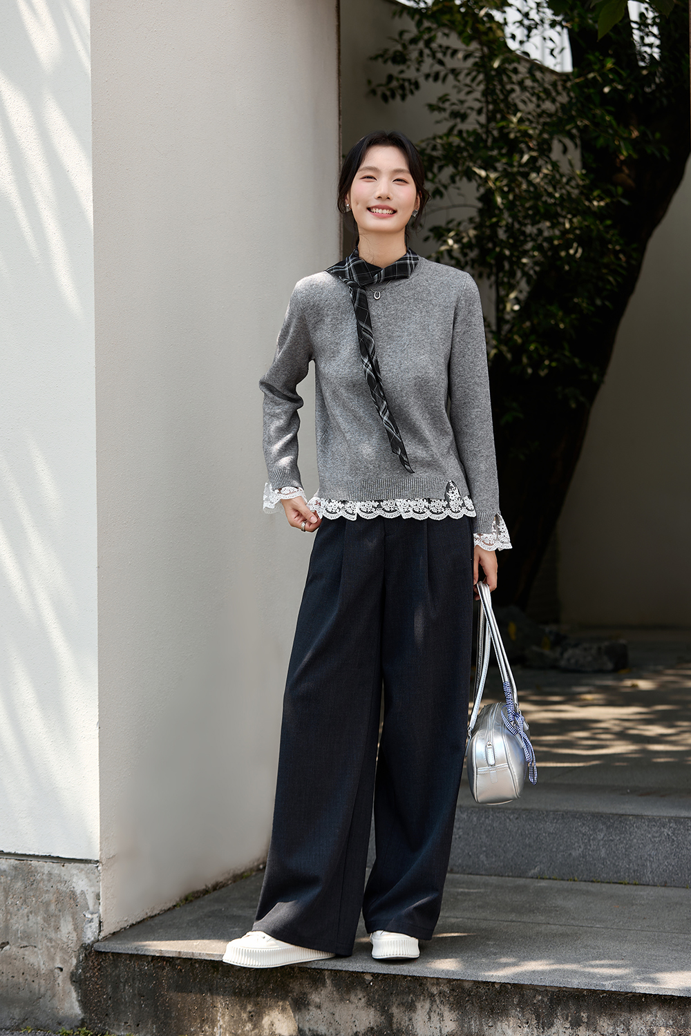 Grey Lace-Trimmed Crewneck Knit Top