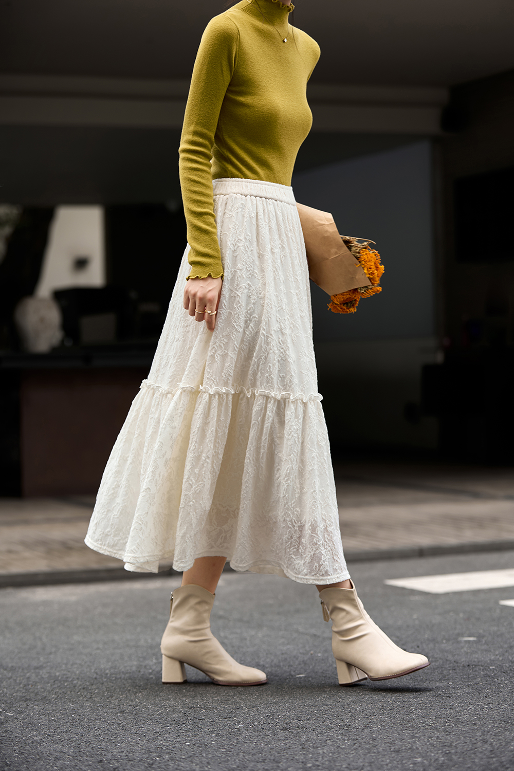 French Brushed Lace Panel Midi Skirt
