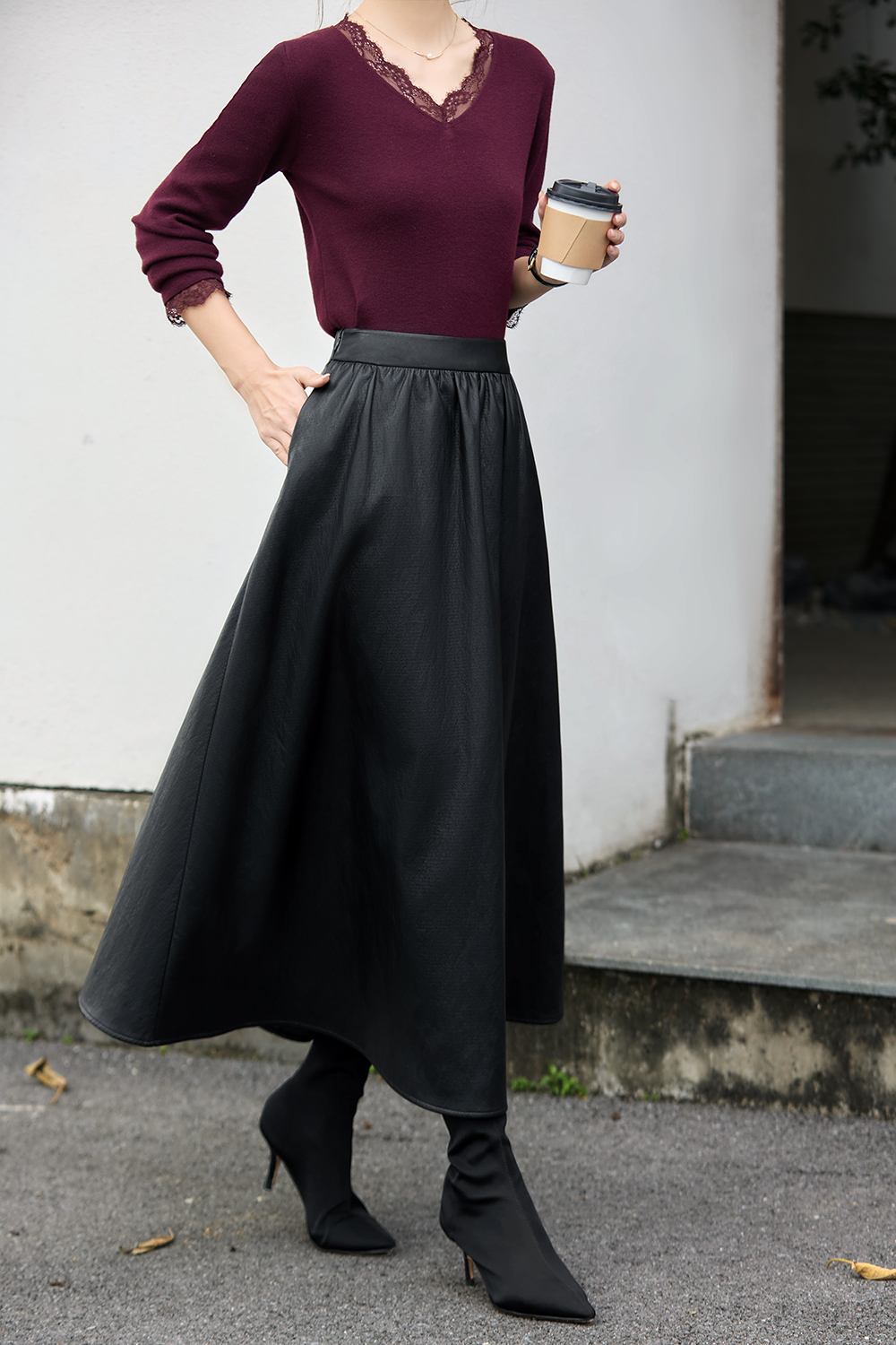 French Leather Midi Skirt