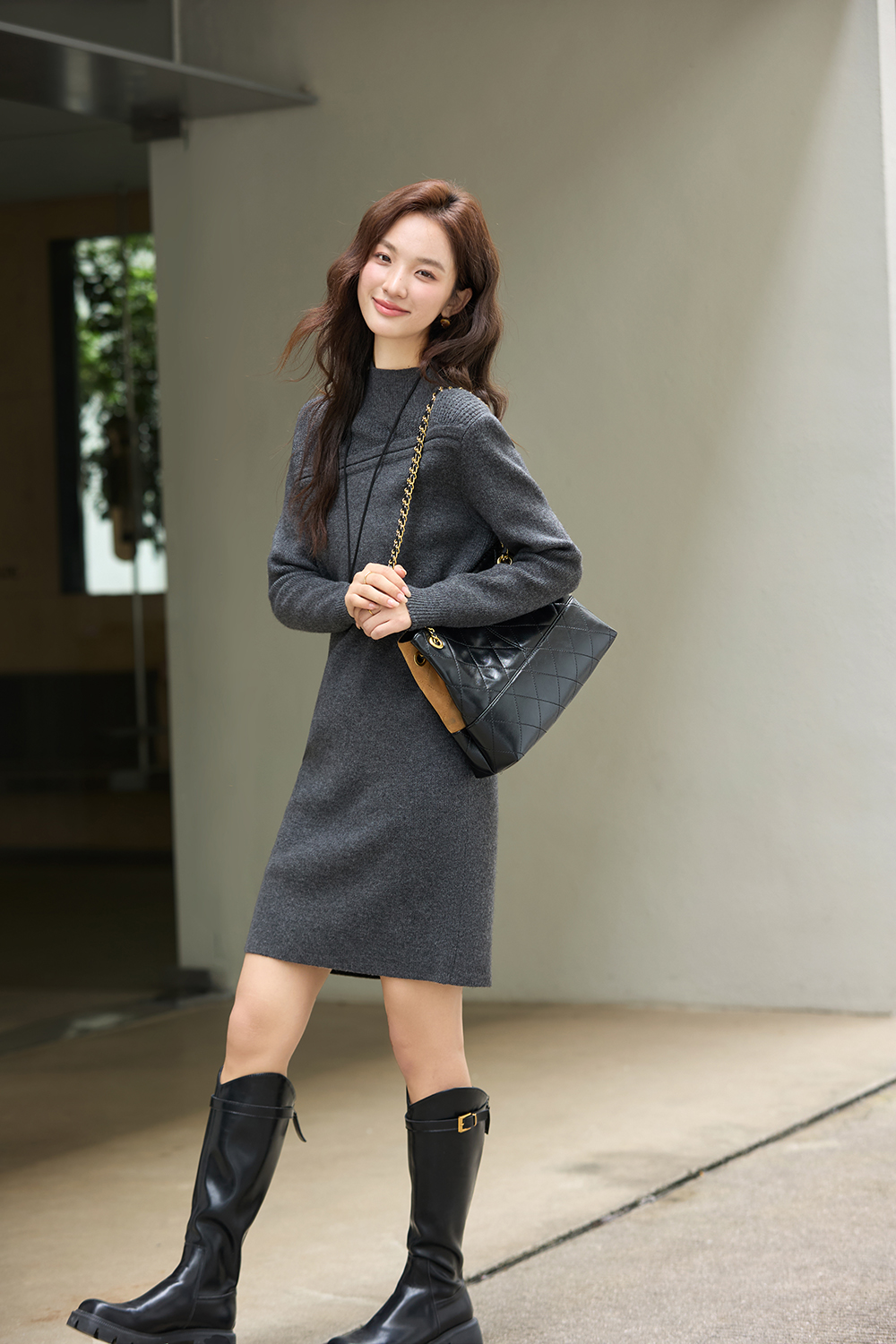 Mock-Neck Paneled Knit Dress