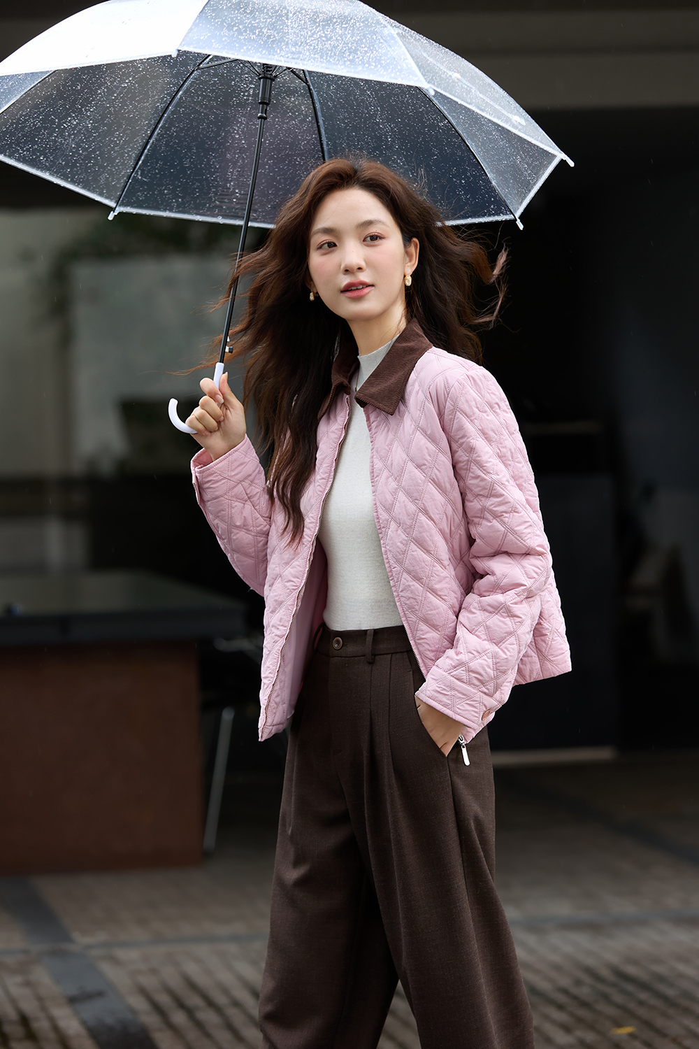 Color-Block Lapel Argyle Puffer Jacket