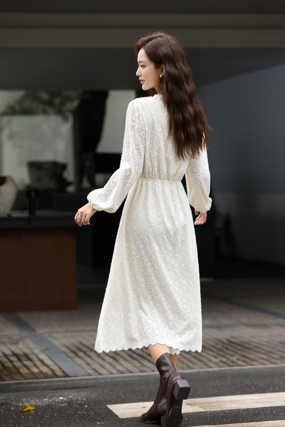 Apricot French Crewneck Lace-Trimmed Dress