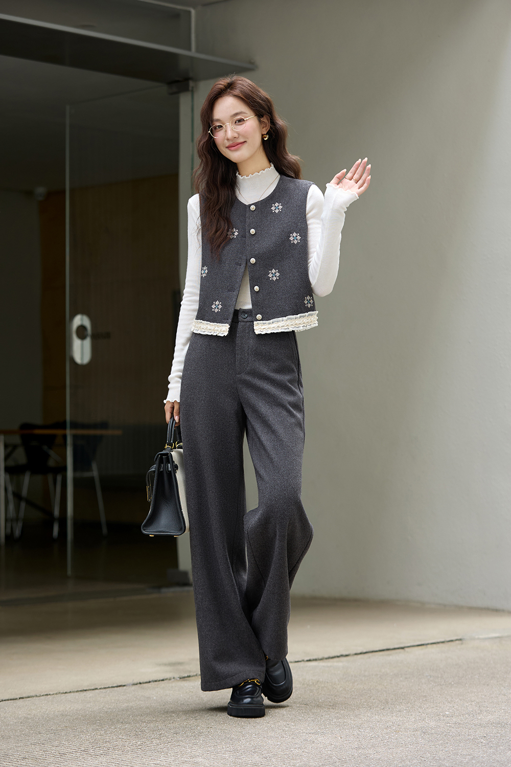 Grey Embroidered Vest Set