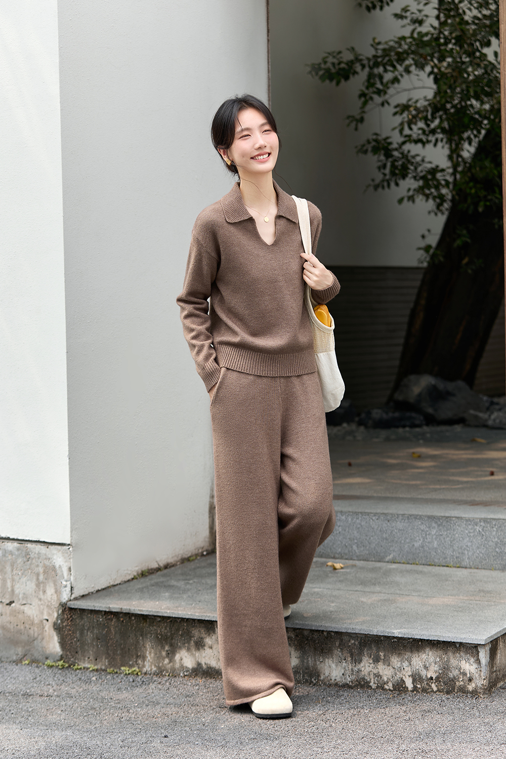 Brown Lapel Knit Set
