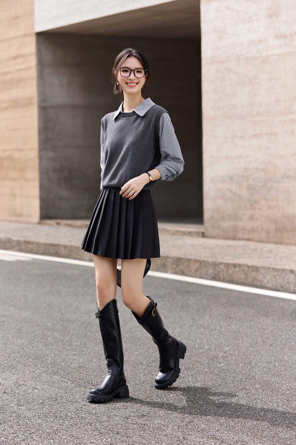 Grey Fake Two-Piece Lapel Knit Top