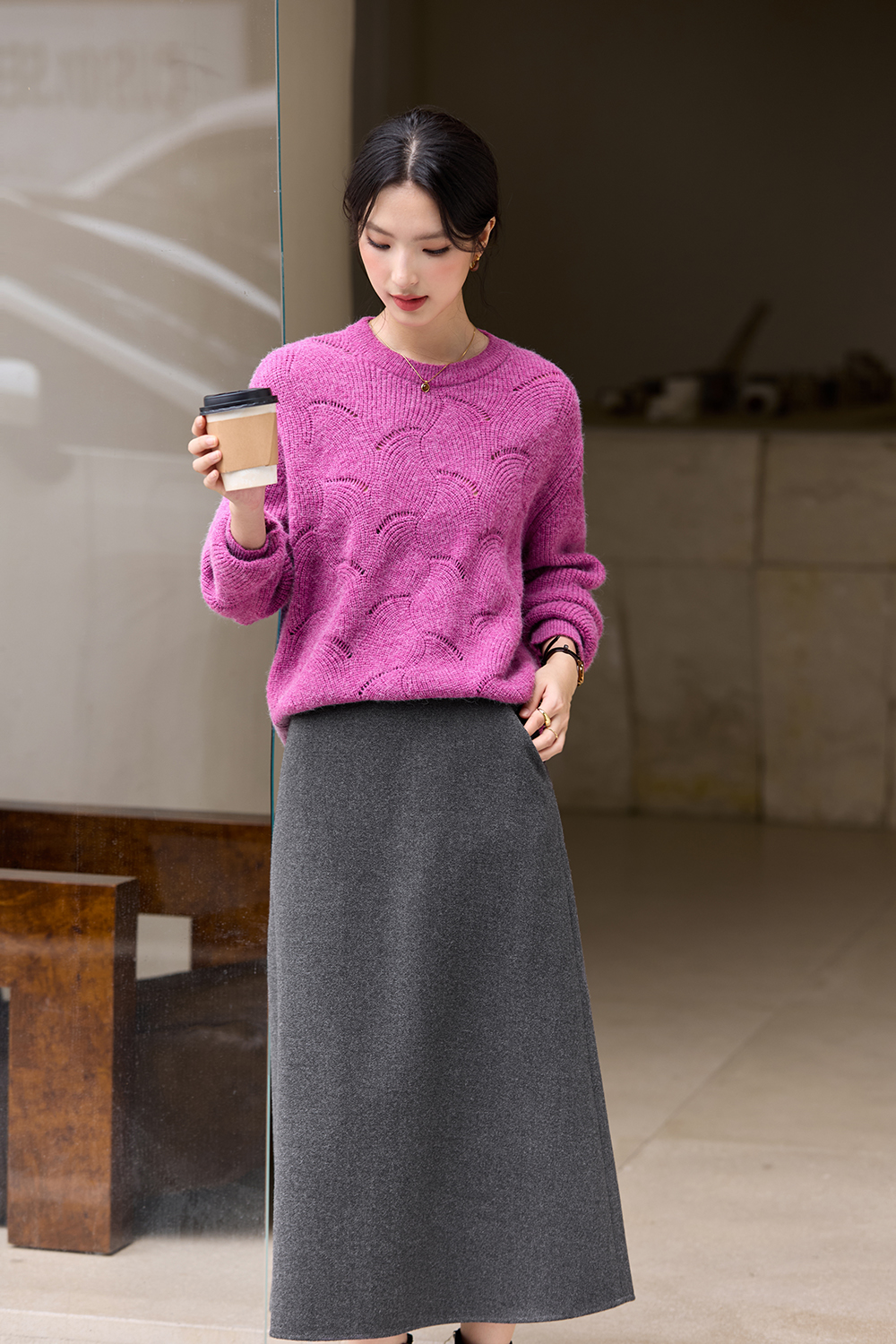 Fuchsia Openwork Pattern Crewneck Sweater