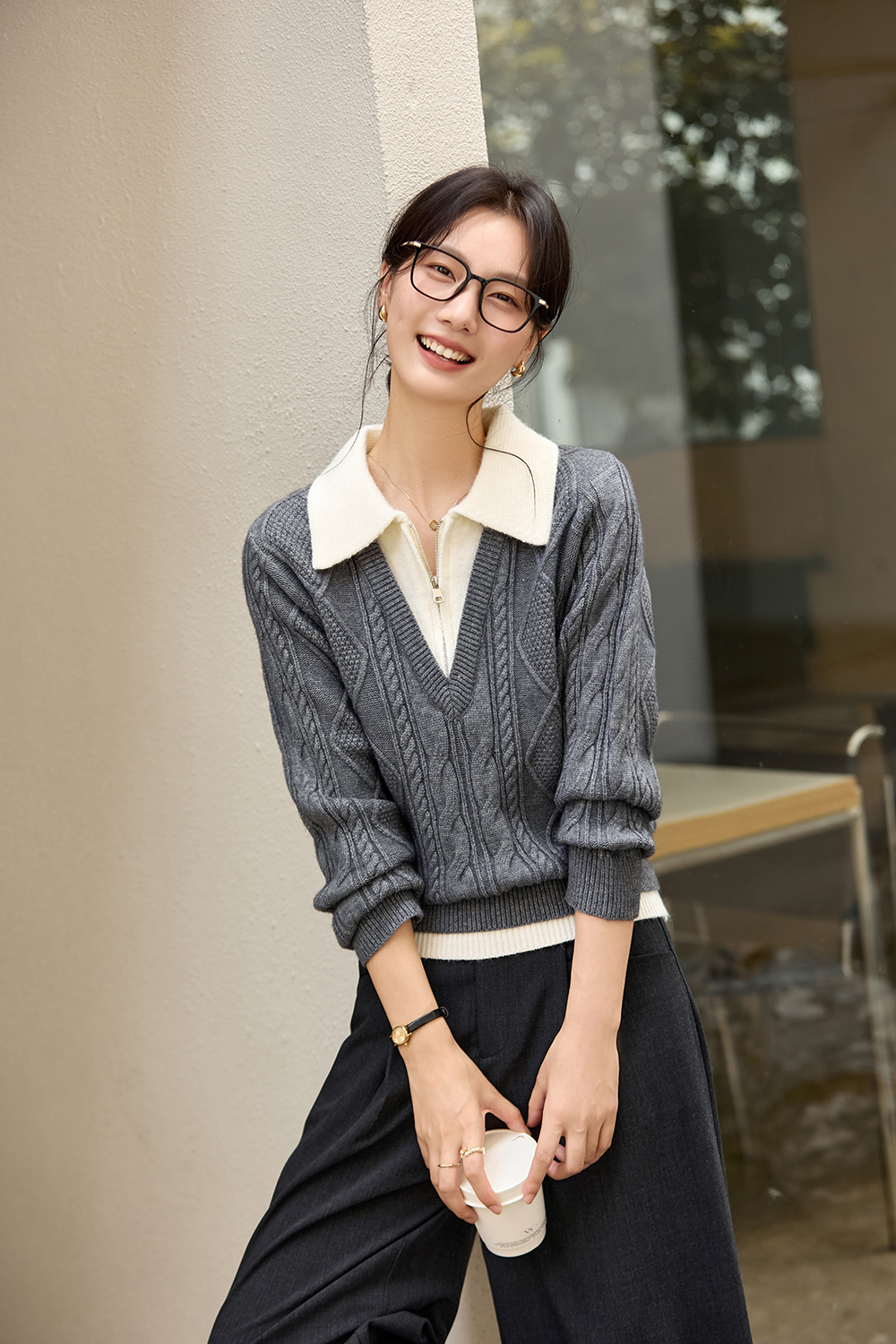 Gray Fake Two-Piece Lapel Plaid Sweater