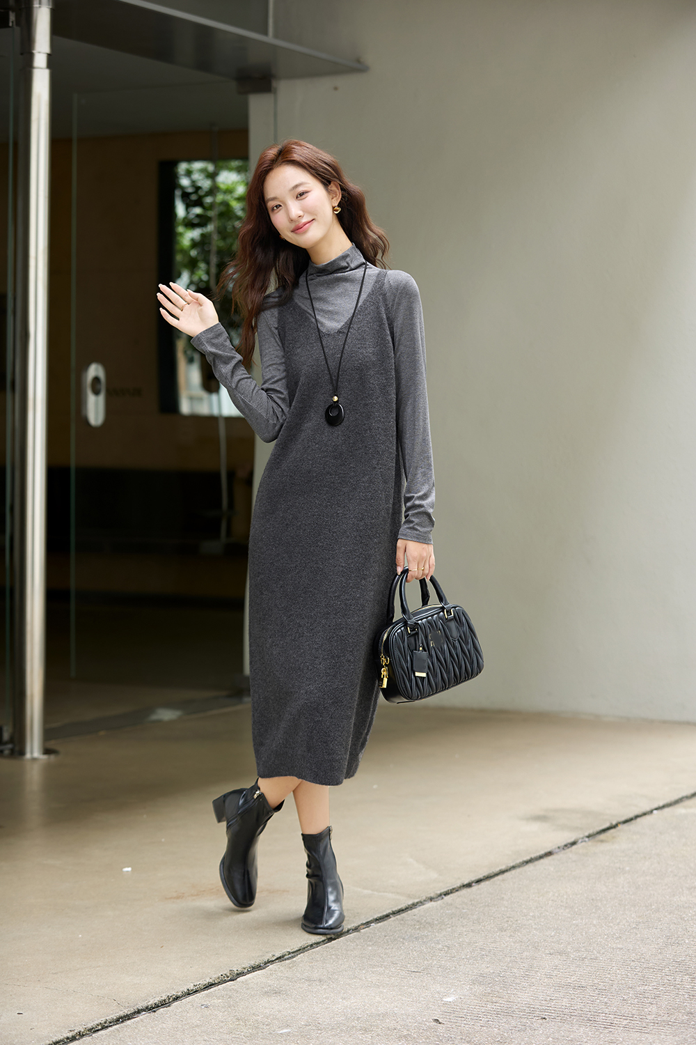 Gray Undershirt & Camisole Dress Set