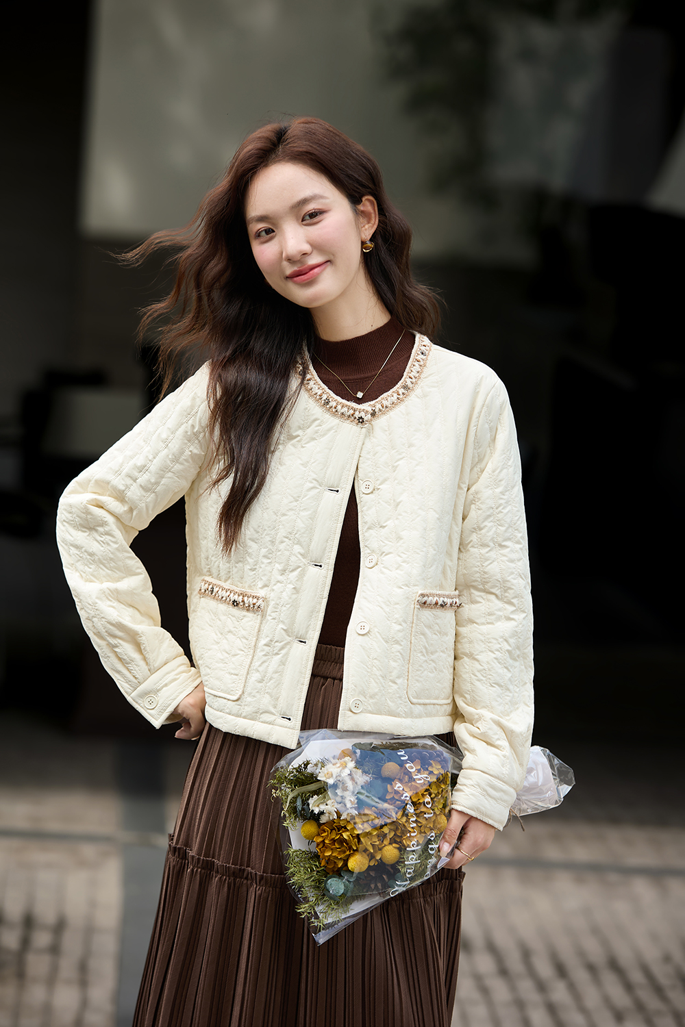 Apricot Ribbon Crew Neck Cotton Padded Jacket