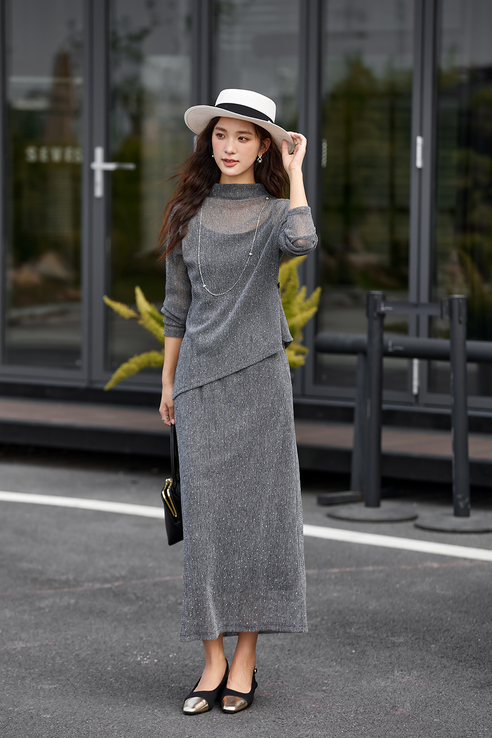 Grey rhinestone suspenders and tops and A-word overskirt.-VIMLYSTORE