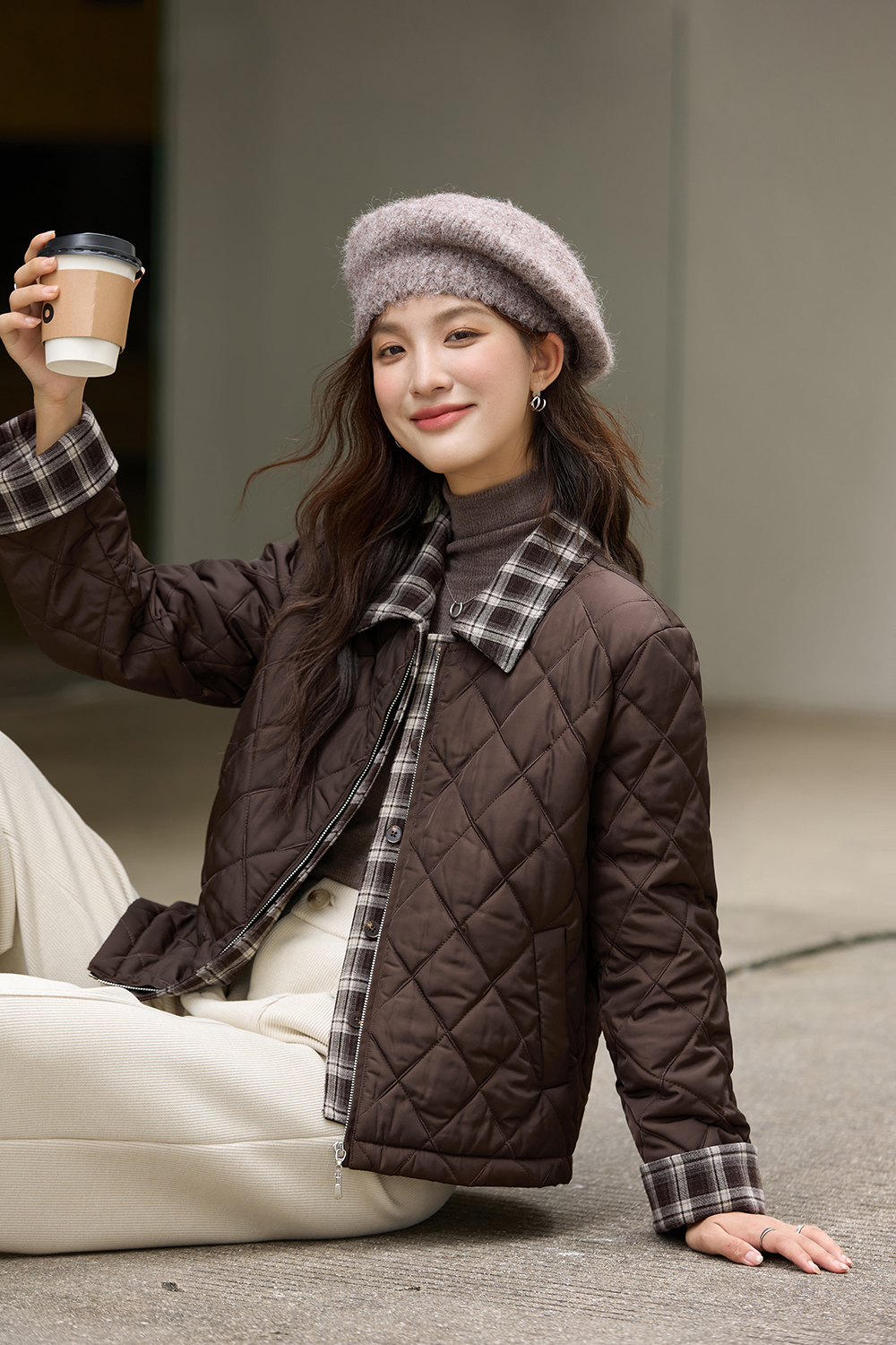 Coffee-Colored Fake Two-Piece Lapel Argyle Cotton Padded Jacket