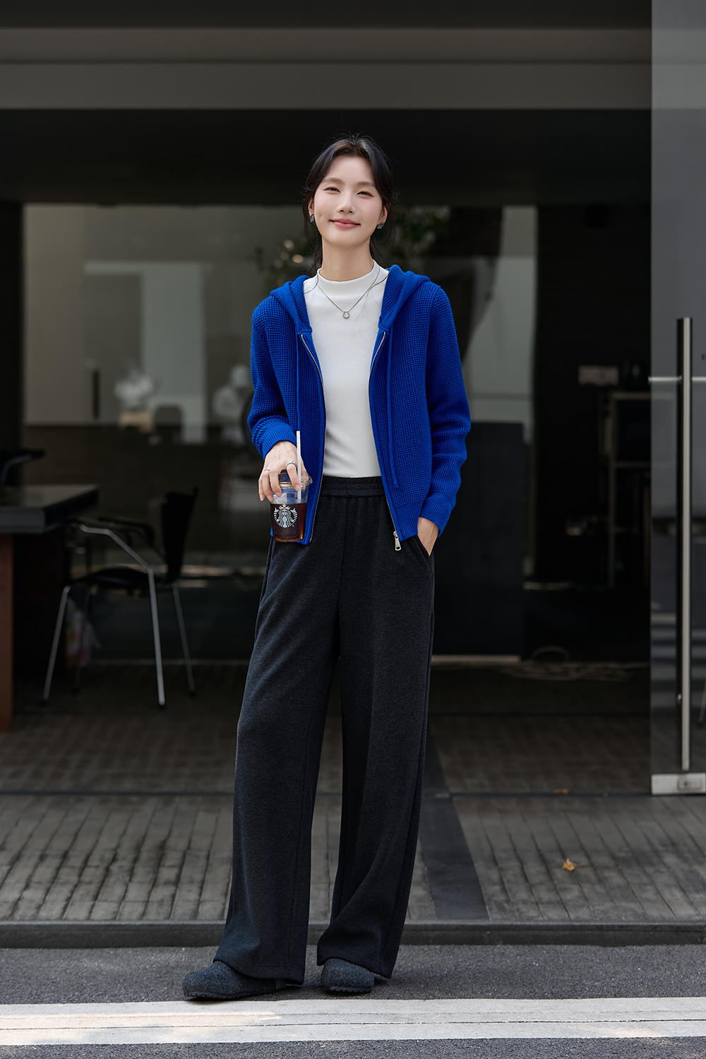 Blue Hooded Zippered Knitted Cardigan