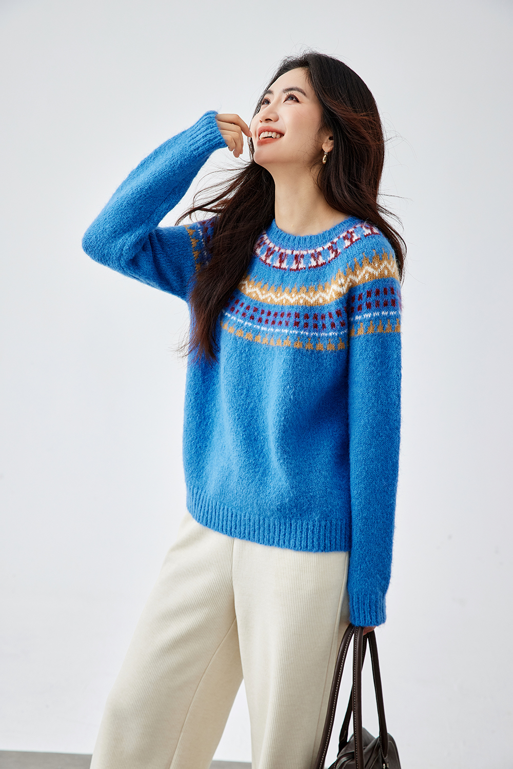 Blue Crew Neck Jacquard Sweater