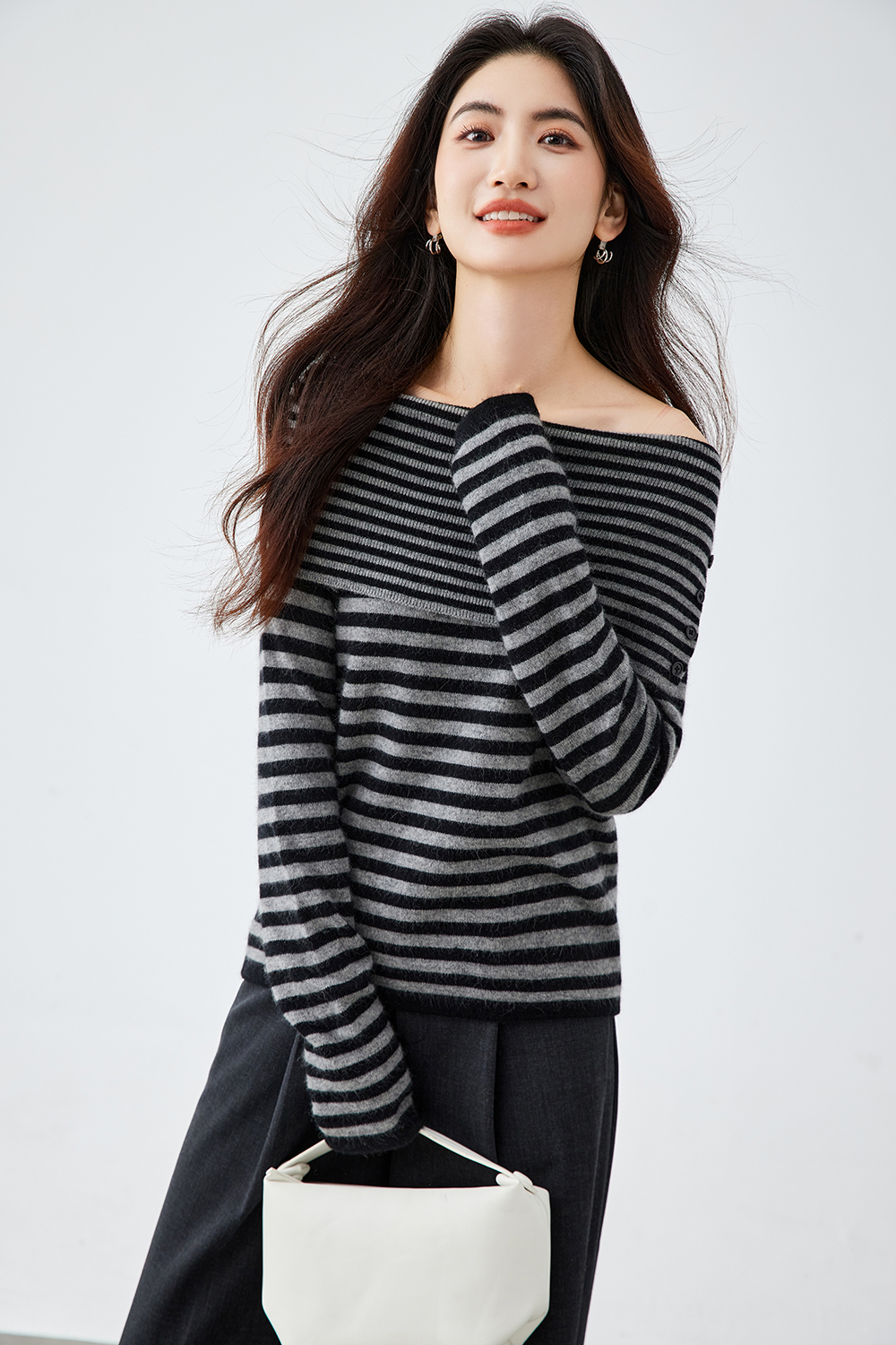 Retro Gray-White Striped Off-Shoulder Knitted Shirt