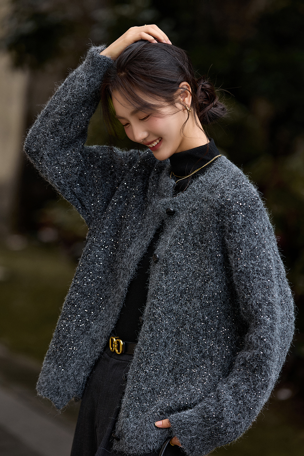 Coffee-Colored Crew Neck Sequin Sweater