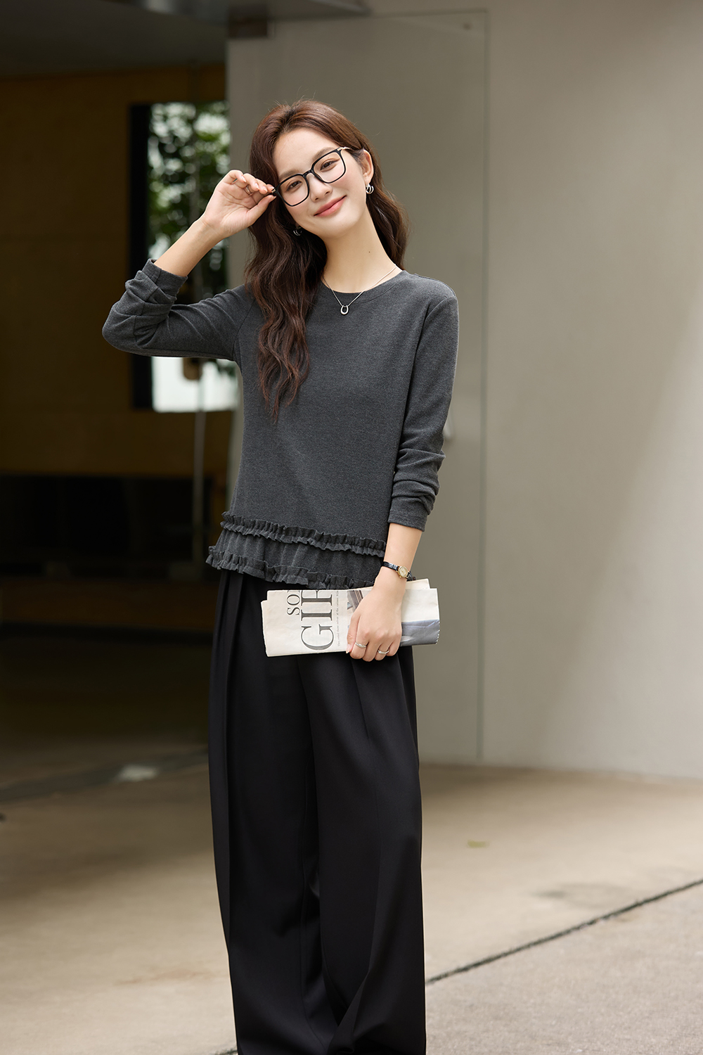 Grey Double-Layer Ruffled Trim Brushed T-Shirt