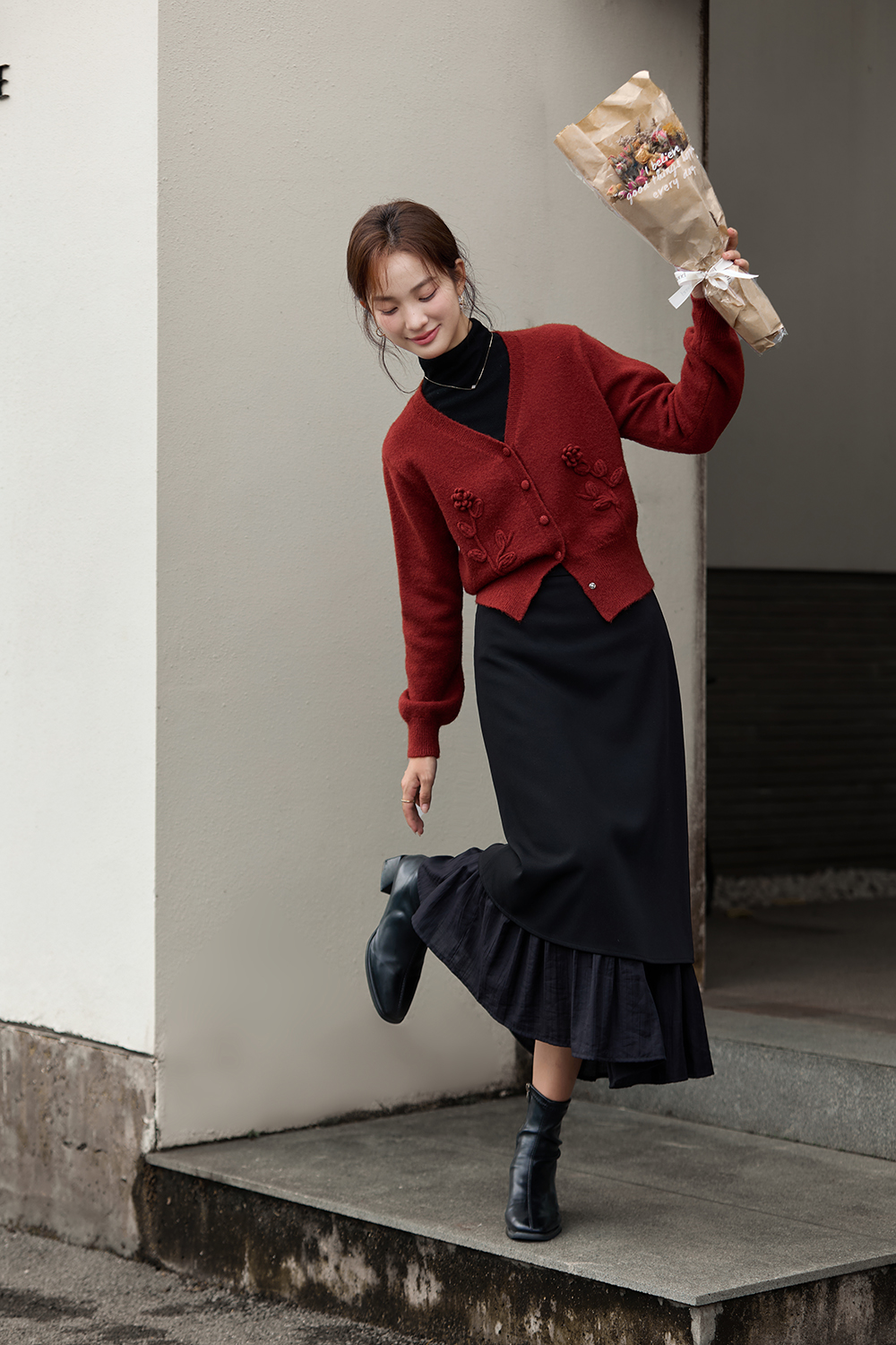 French-Style Paneled Wool Blend Midi Skirt