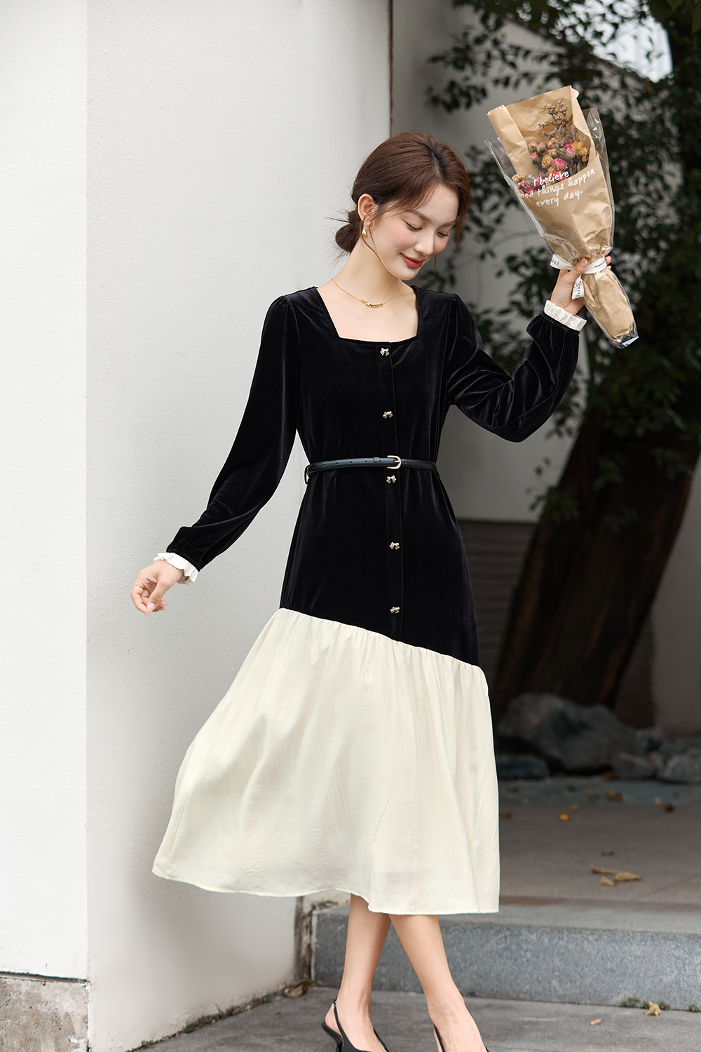 French-Style Velvet Paneled Dress