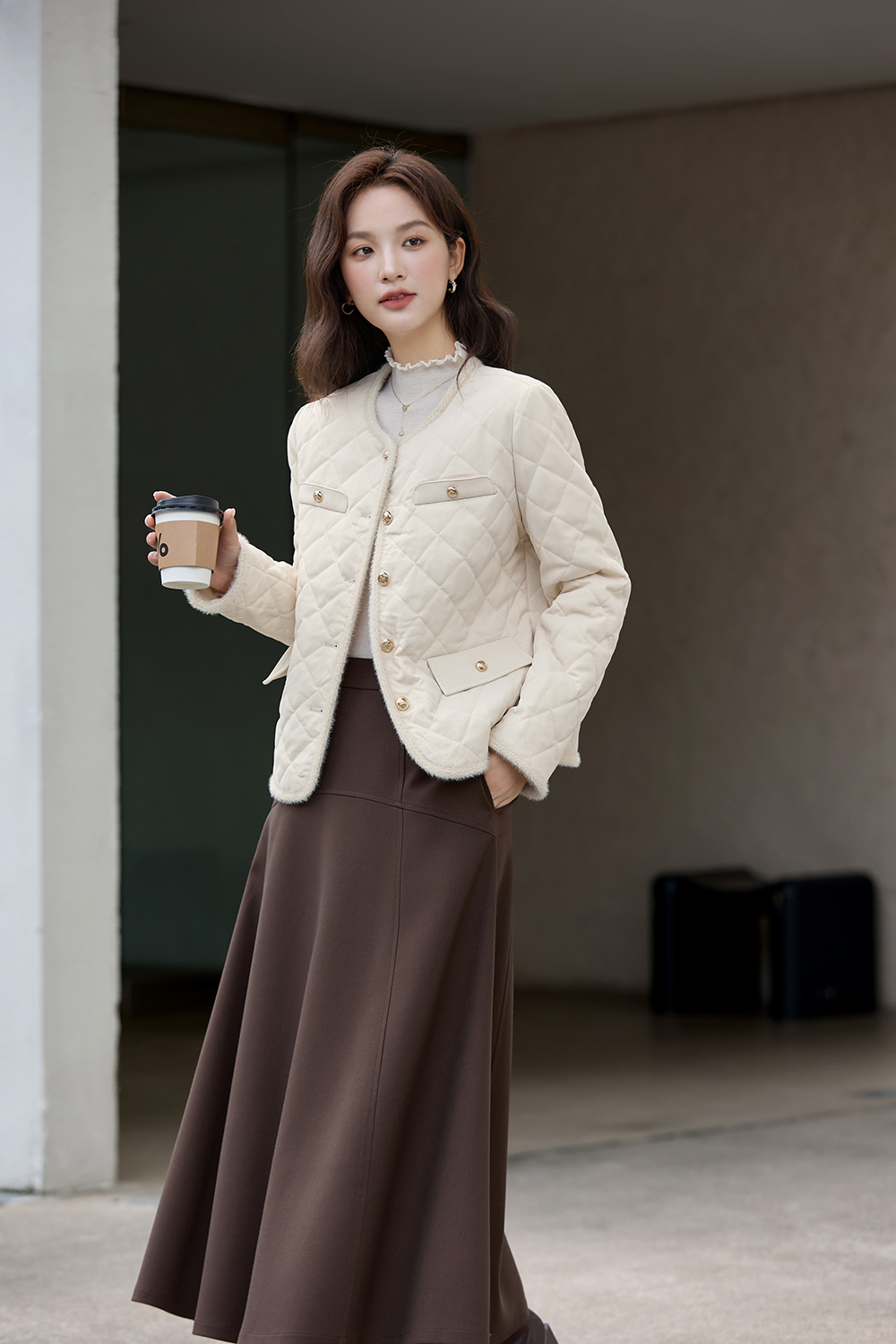 Apricot Argyle Crewneck Cotton-Padded Coat