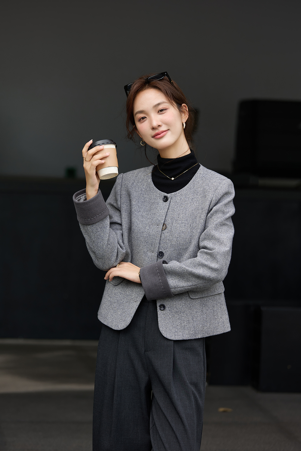 Grey Crewneck Wool Blend Coat
