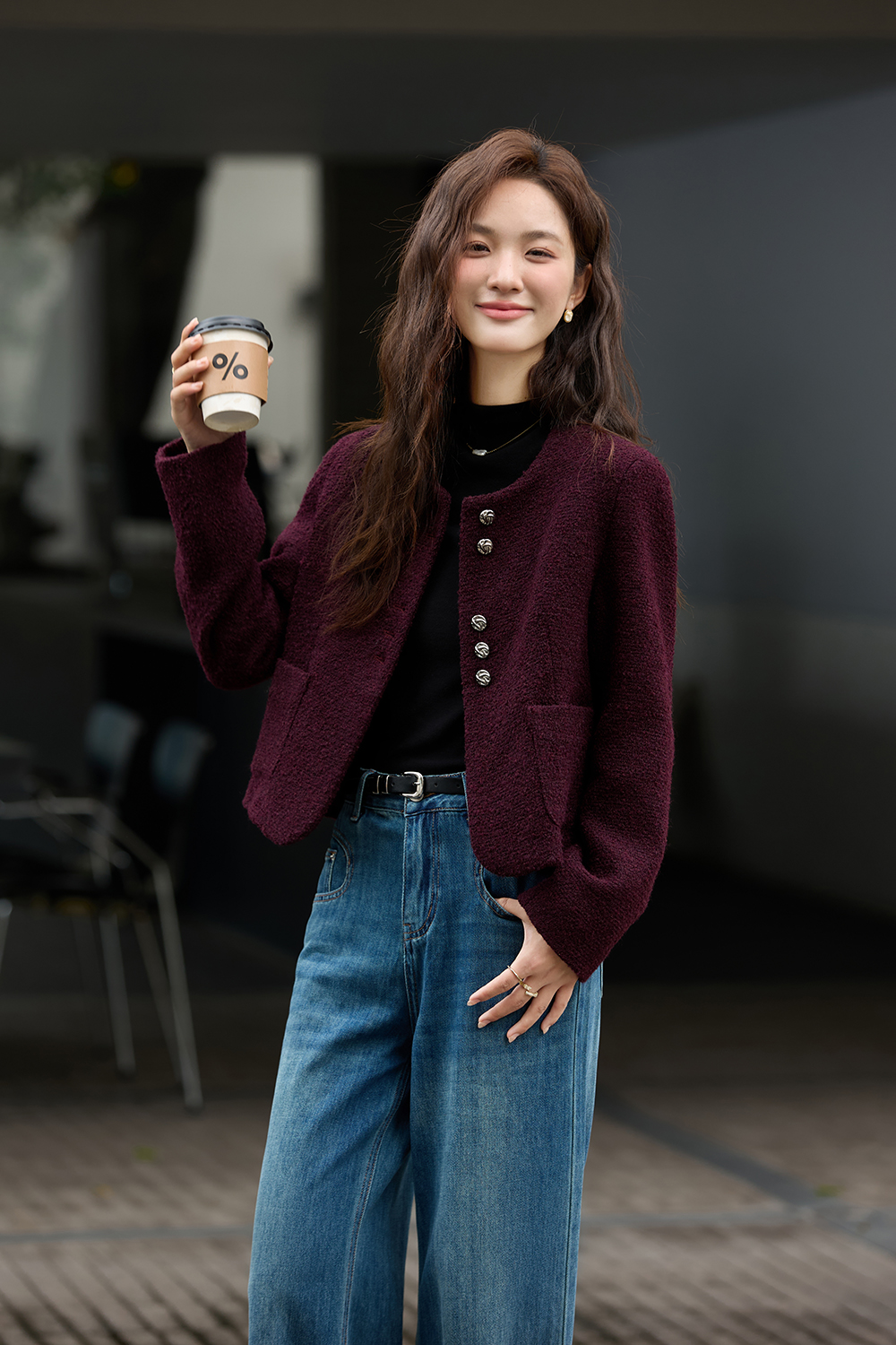 Purple Crewneck Wool Blend Coat