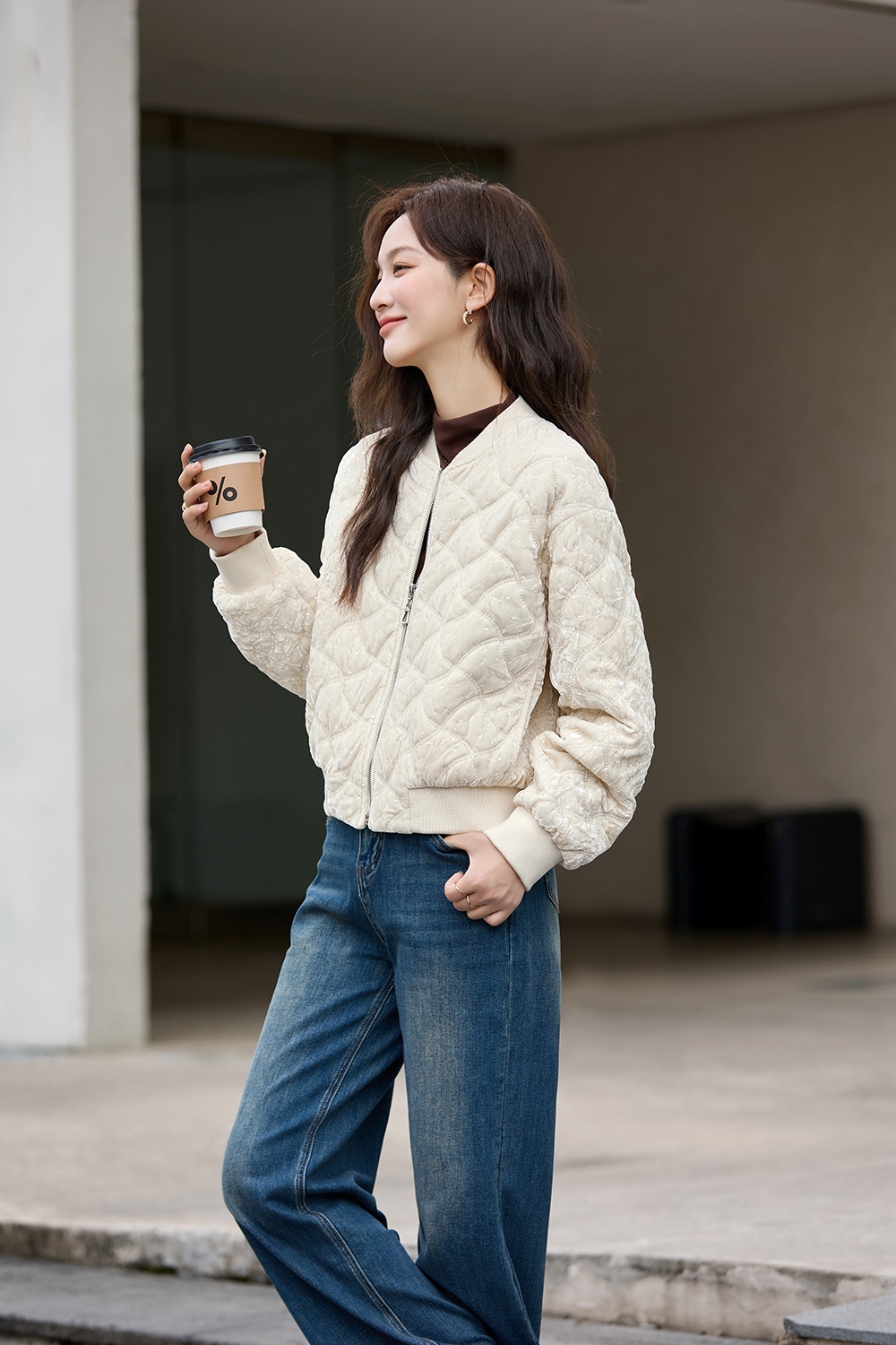 Apricot Argyle Velvet Varsity Cotton-Padded Jacket