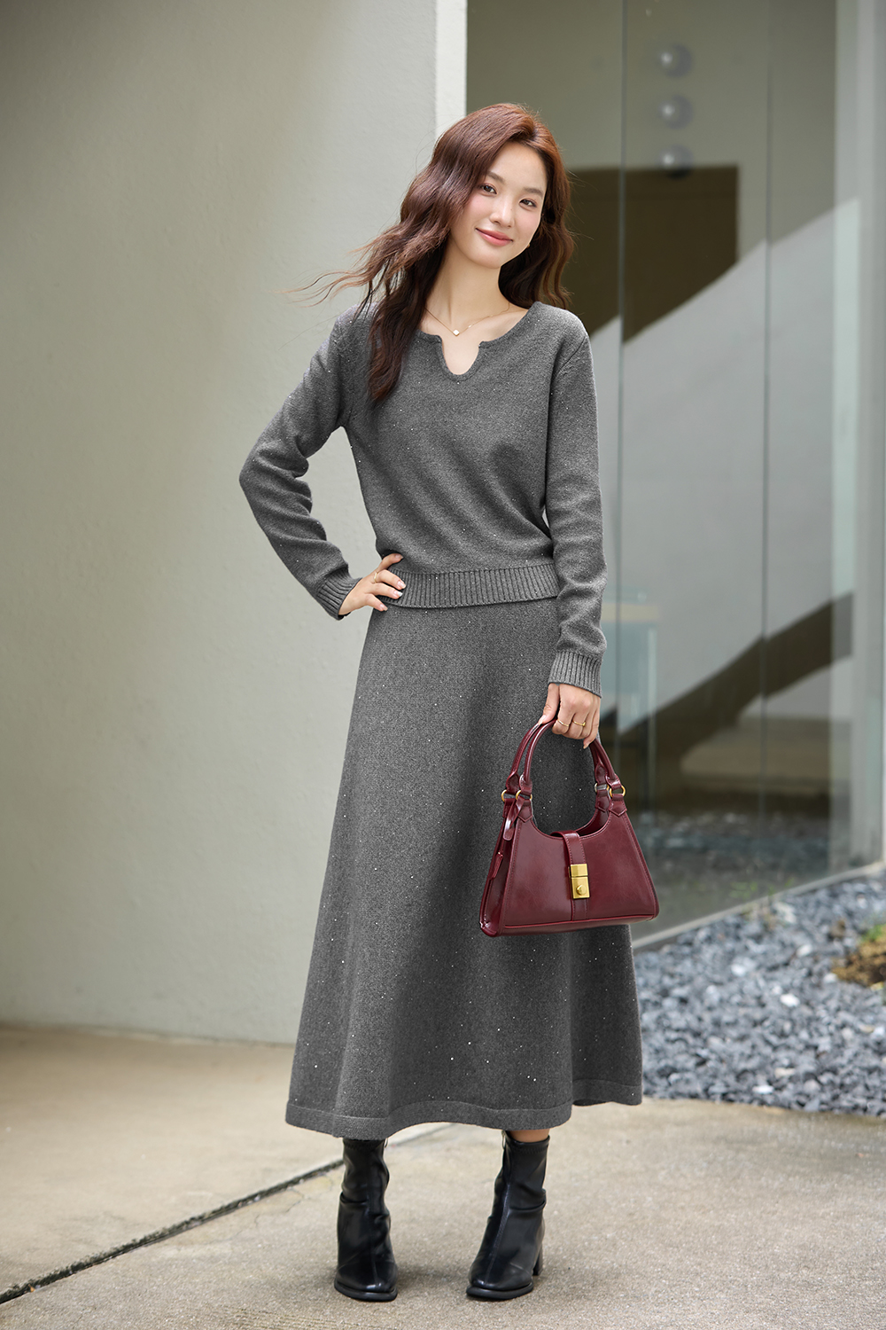 Grey Casual Knitted Suit Set