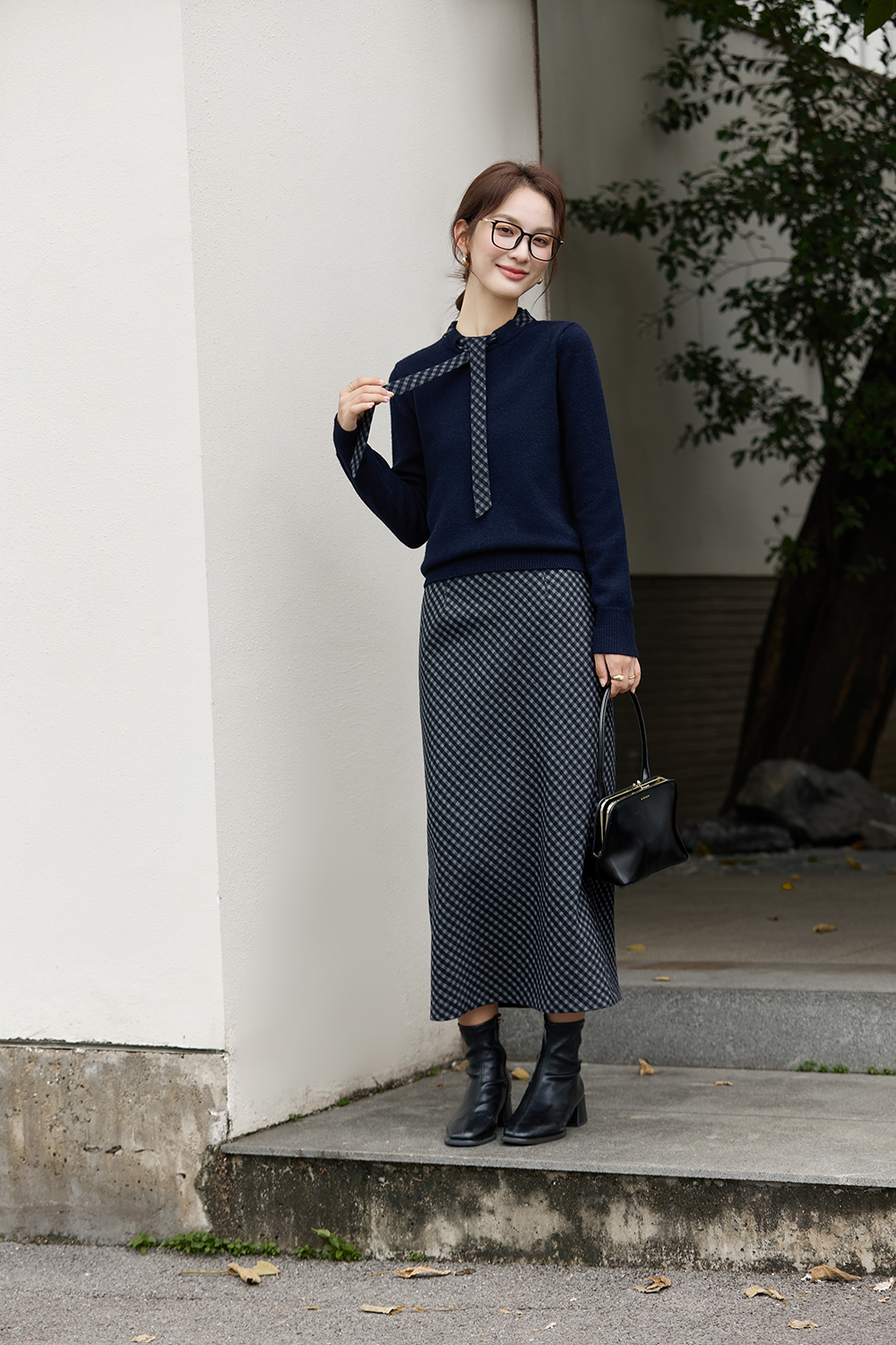 Navy Blue Plaid Office Suit Set