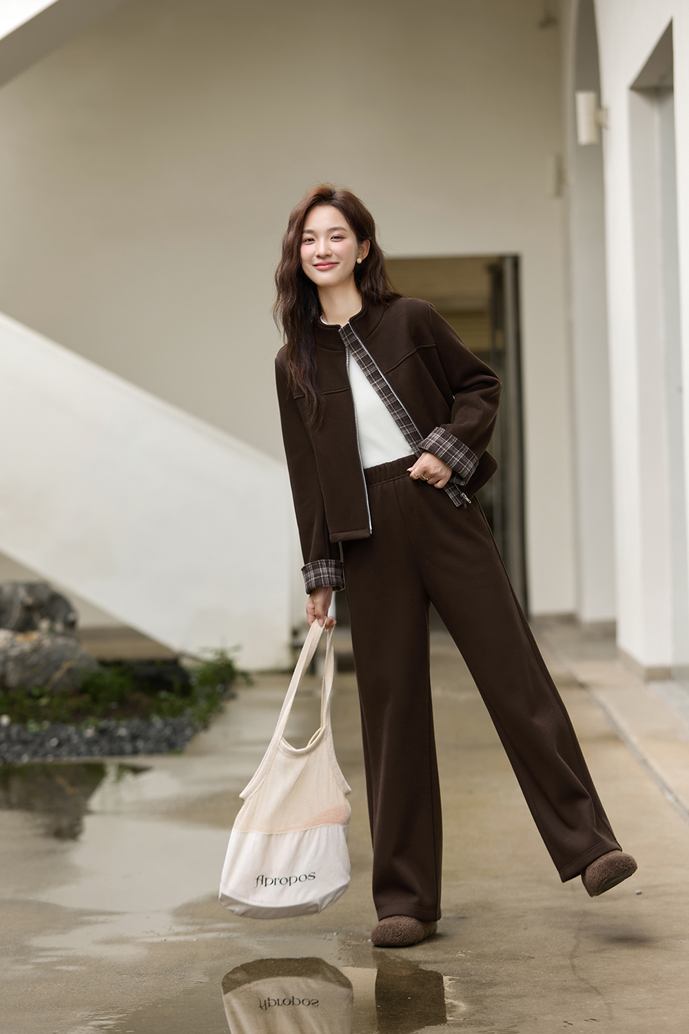 Brown Plaid Trim Suit Set