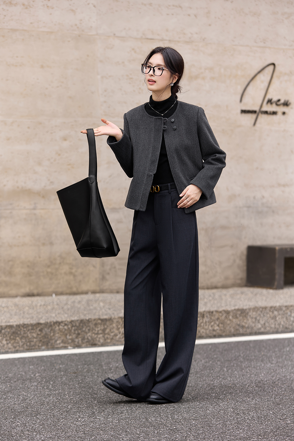 Grey French-Style Crewneck Wool Blend Coat