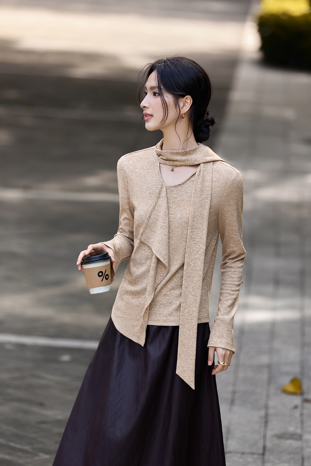 Asymmetric Ruffled Streamer Long-Sleeve T-Shirt