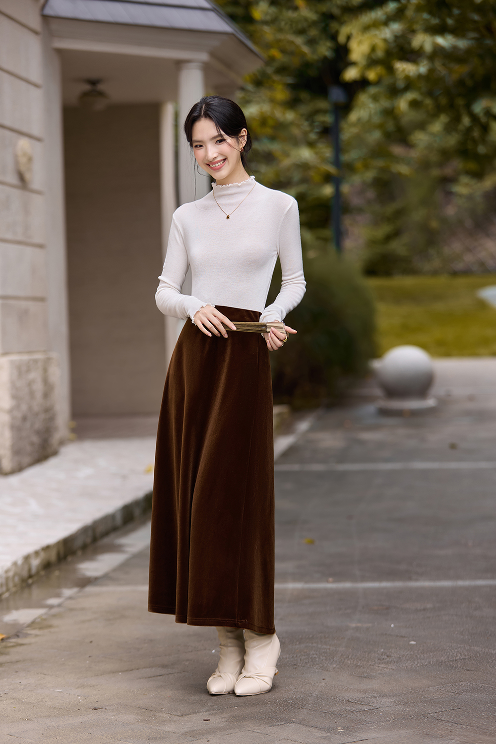 Brown French-Style Knitted Velvet Midi Skirt